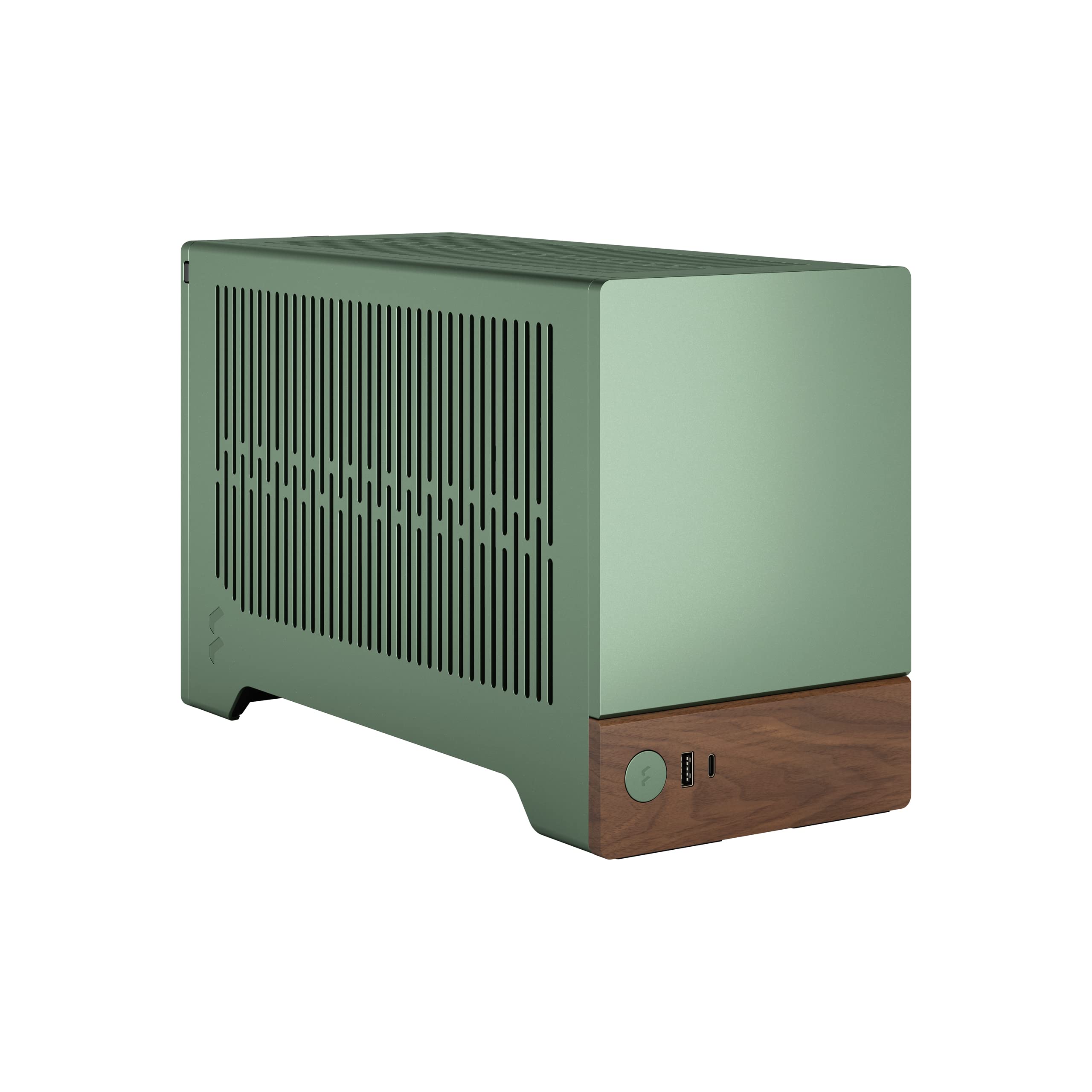 Fractal Design Terra Jade mini ITX gaming computer chassis with walnut wood front panel, aluminum panels, PCIe 4.0 riser, and USB-C port.