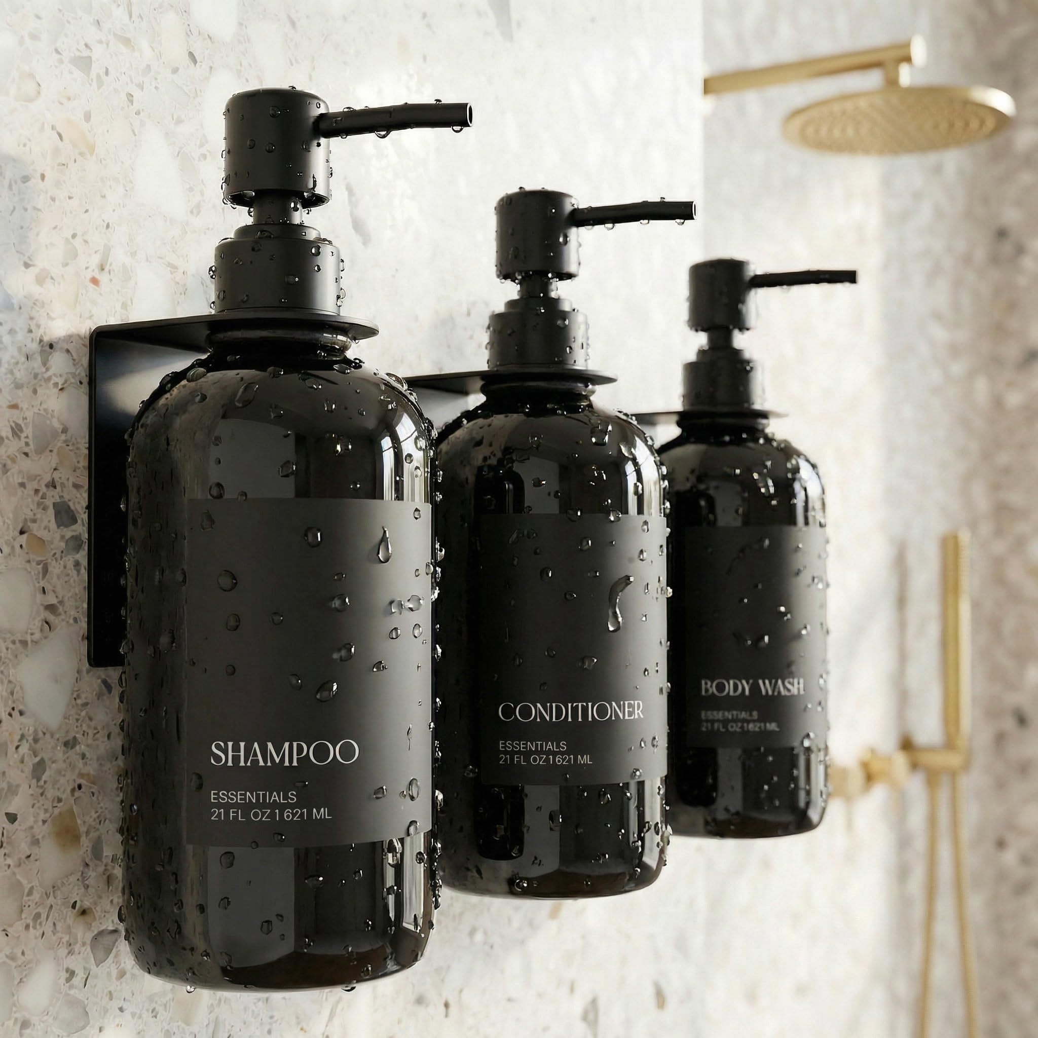 KIBAGA Stylish Shampoo & Conditioner Dispenser Set of 3 - Wall Mount, Drill Free - KIBAGA Official Product View 9