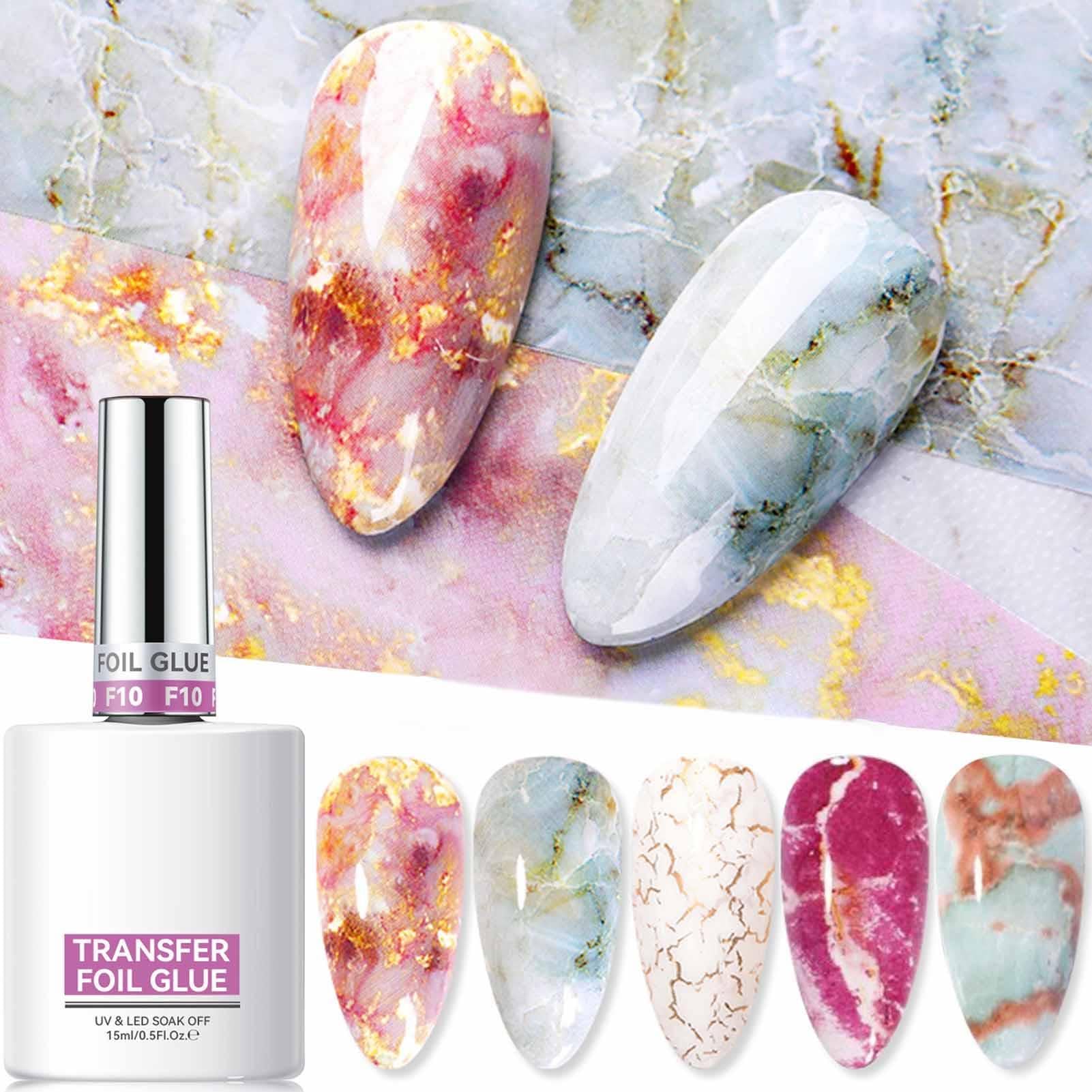 Close-up of clear foil gel transfer for nails with a fine brush, showing smooth application on a resin base for nail bonding.