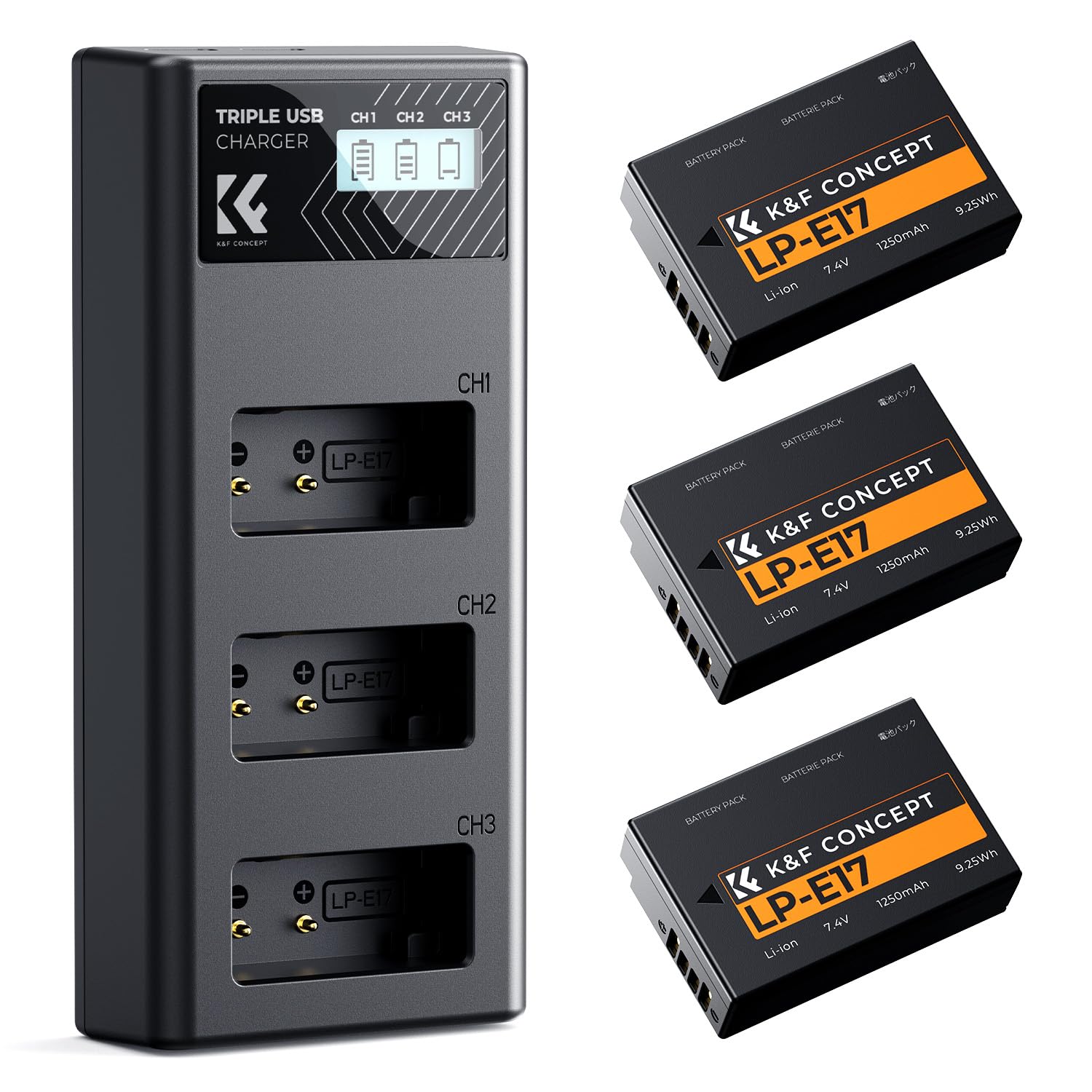 K&F CONCEPT LP-E17 camera battery 3-pack with 3-slot LCD charger for compatible DSLR and mirrorless cameras.
