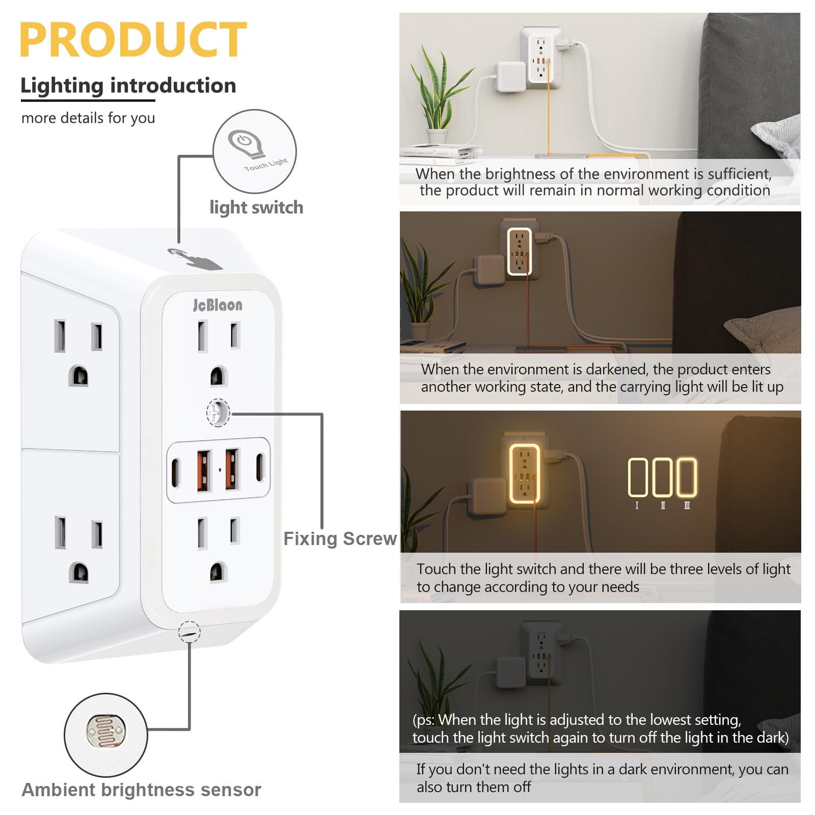JcBlaon Wall Outlet Extender with Night Light, Power Plug Adapter by JcBlaon - Angle View 5