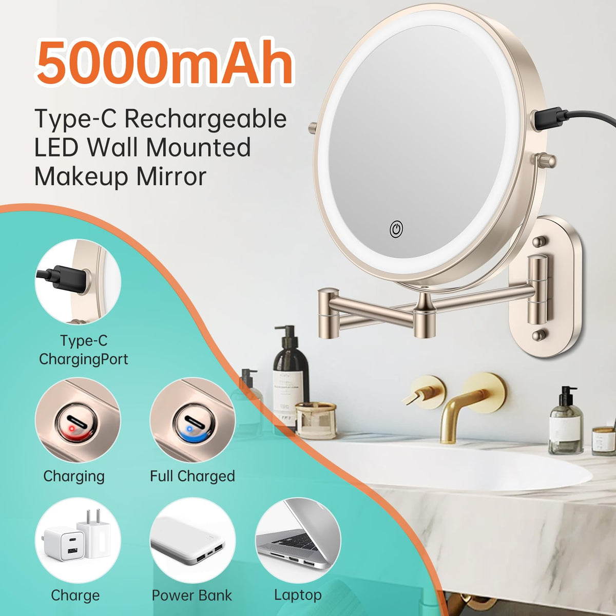 5000mAh Rechargeable Wall Mounted Lighted Makeup Vanity - FUNTOUCH Official Imagery - 4