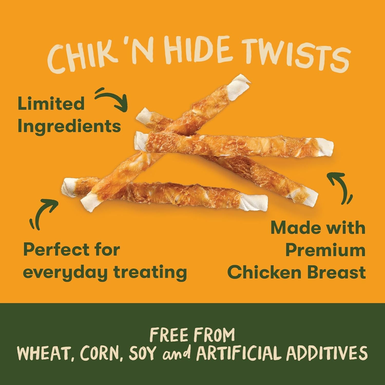 Pet 'n Shape Hide Twists chicken-wrapped rawhide dog treats, showing twisted rawhide treats with chicken coating for dogs.