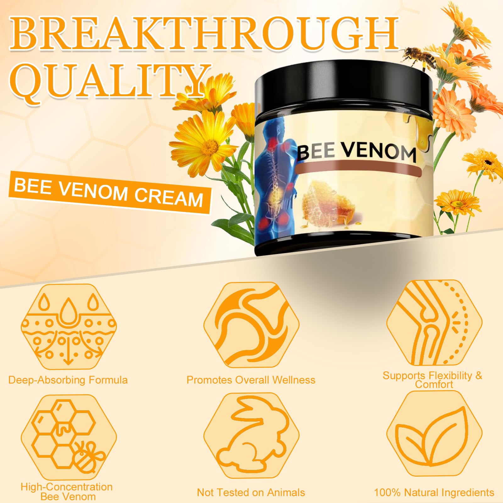 Elefair Bee Venom Joint & Bone Cream, natural fast-relief formula for joint and muscle pain, in a tub with a smooth cream texture.
