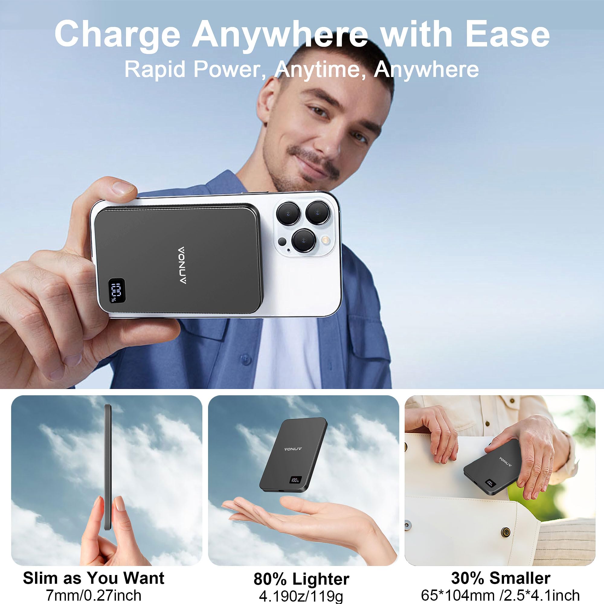 VONUV Magnetic Portable Charger 5000mAh, 15W Ultra Slim Wireless by VONUV - Angle View 6