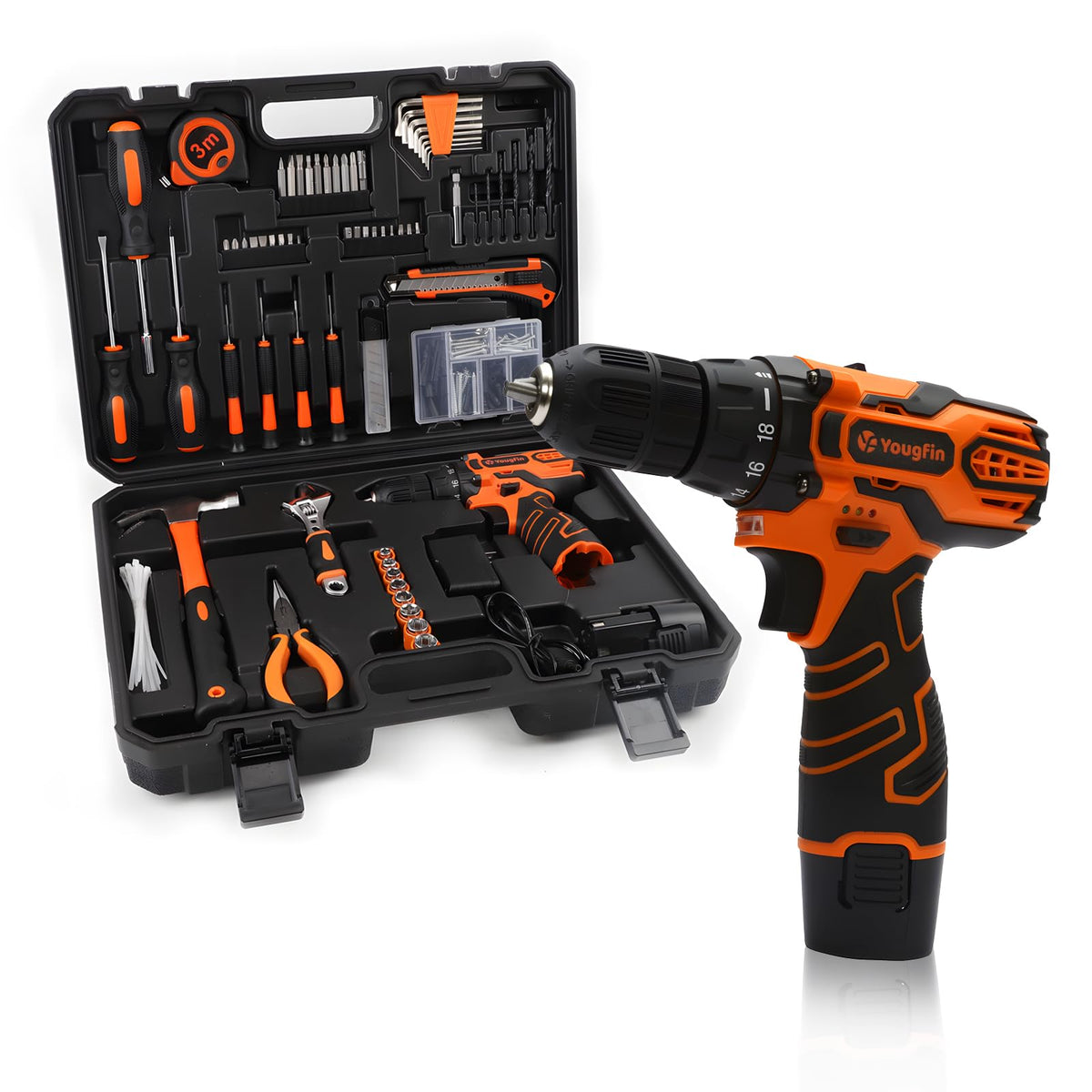 Orange Cordless Drill Driver Set 12V with Charger 195PCS - Yougfin Official Imagery - 2