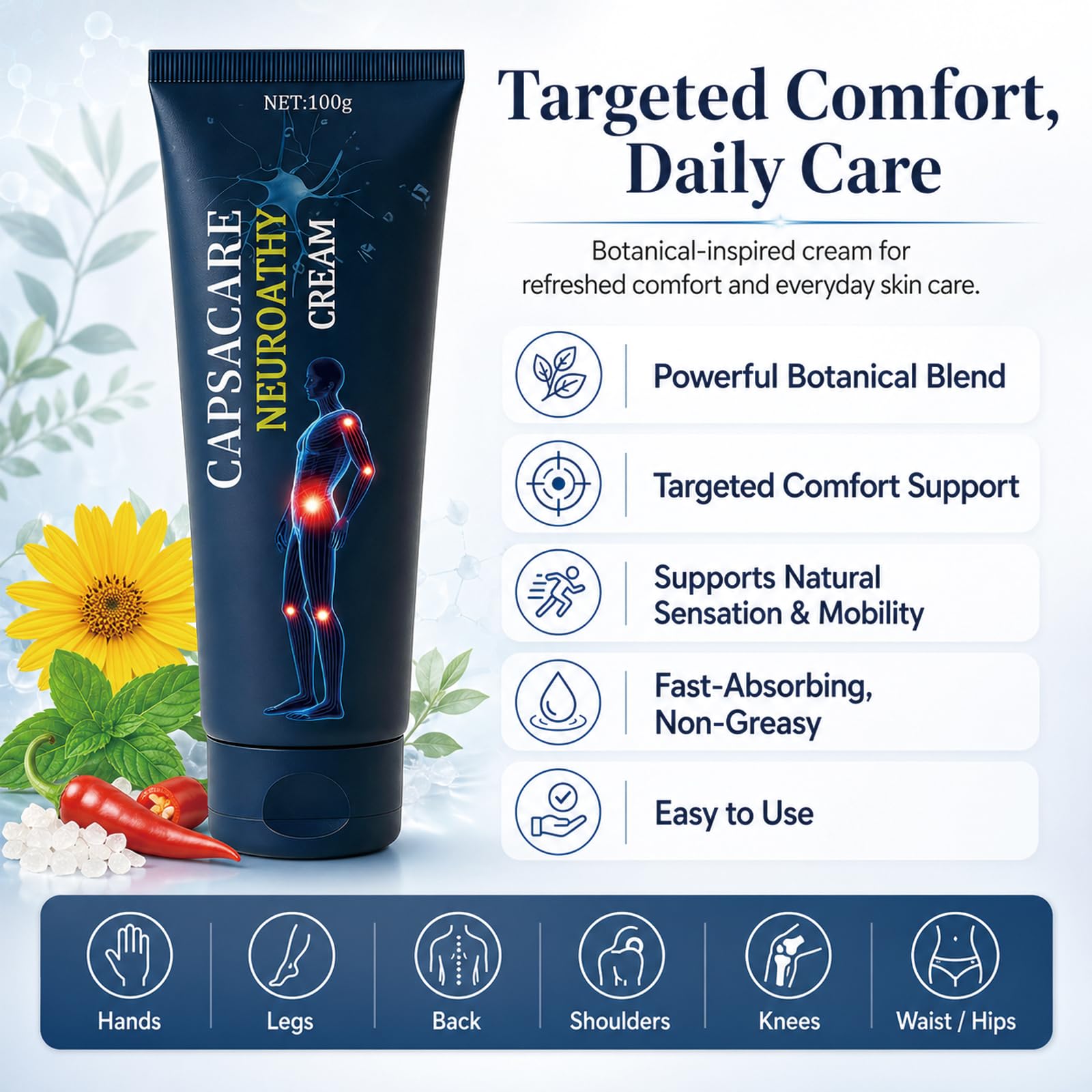 Capsacare Neuropathy Relief Cream with capsaicin and arnica in a 100g tube, designed for pain relief and soothing affected areas.