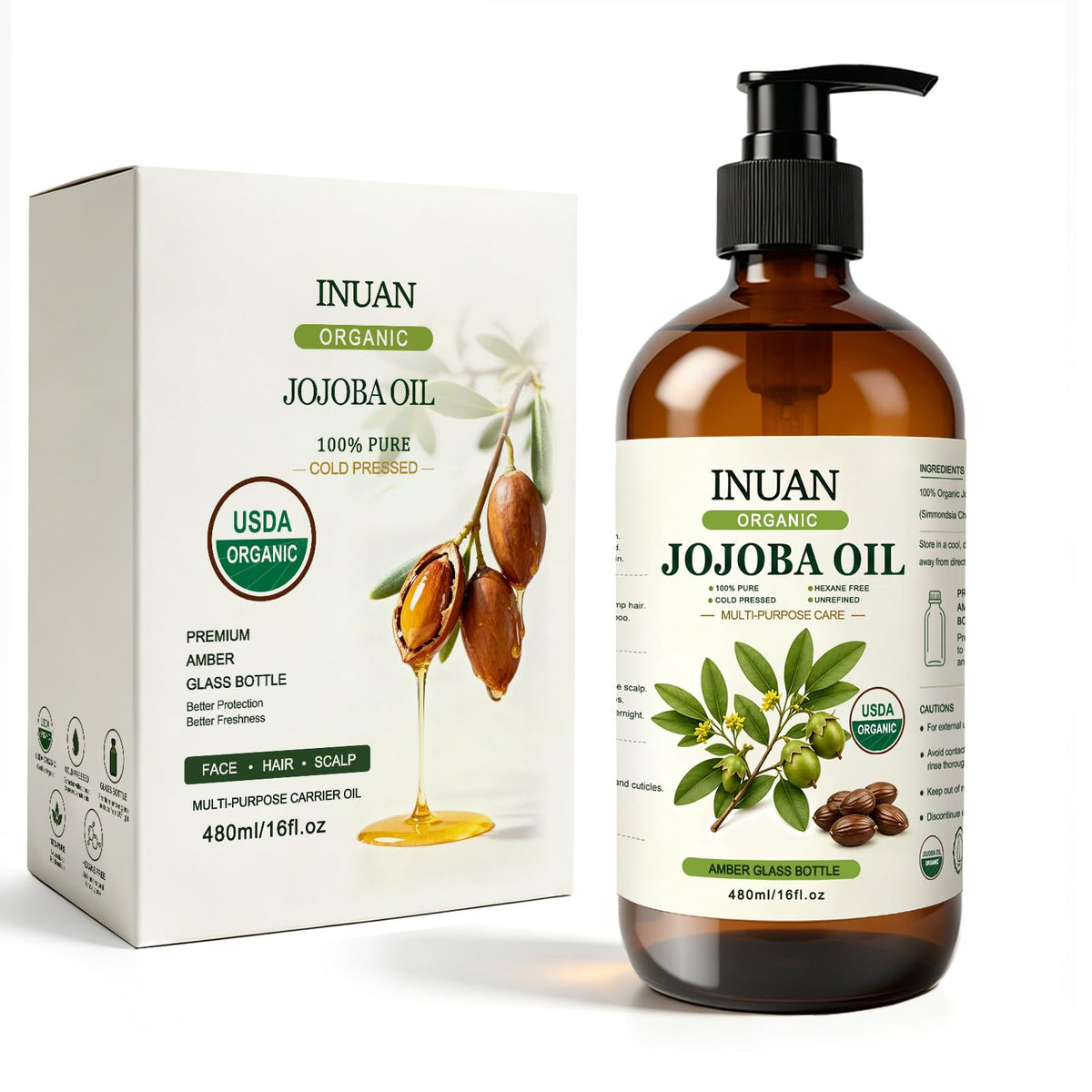 Organic Jojoba Oil USDA Certified Cold Pressed for Skin Hair - INUAN Official Imagery - 2