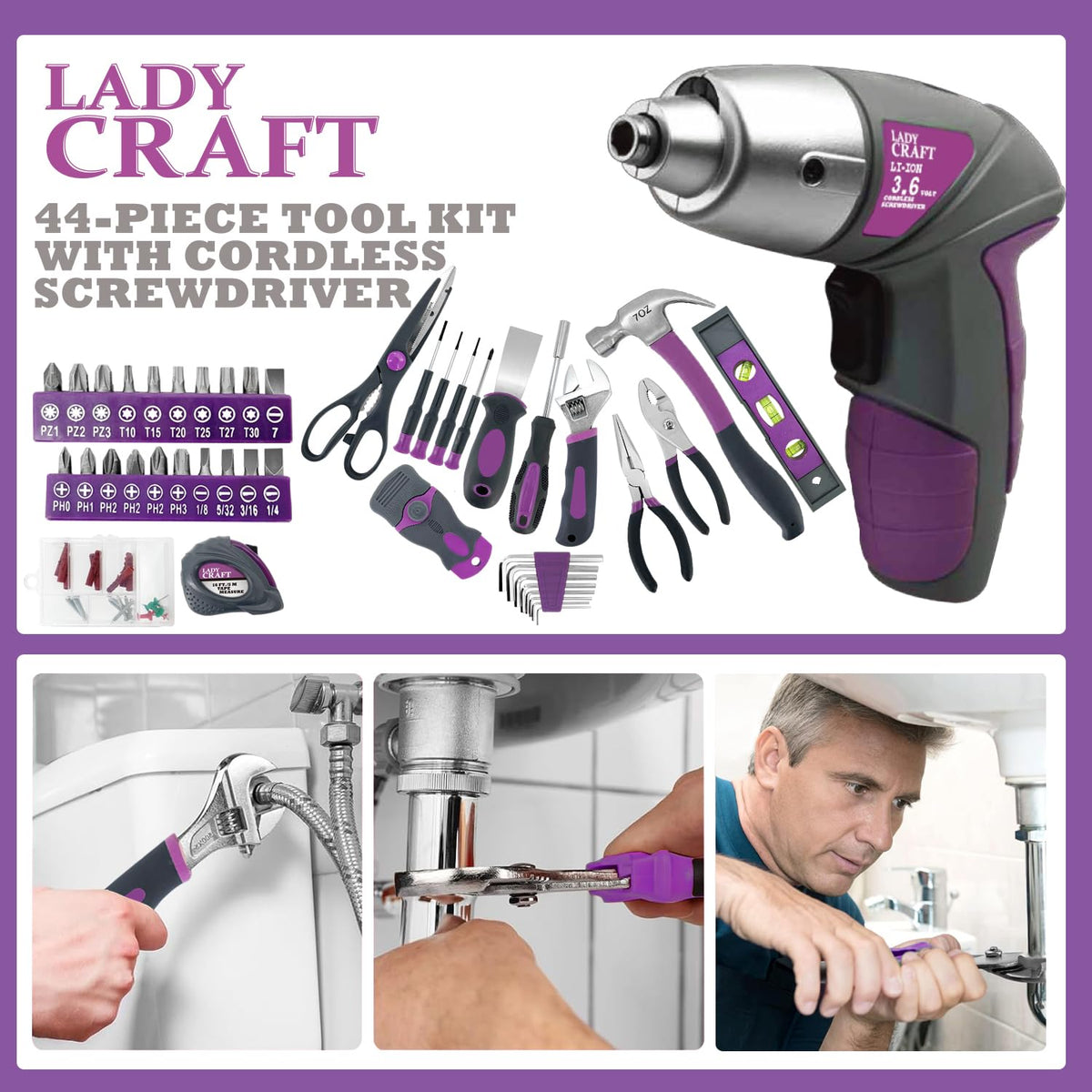 44Pcs Lady Tool kit 4V Purple Poewer Screwdriver Set Home - werktough Official Imagery - 6