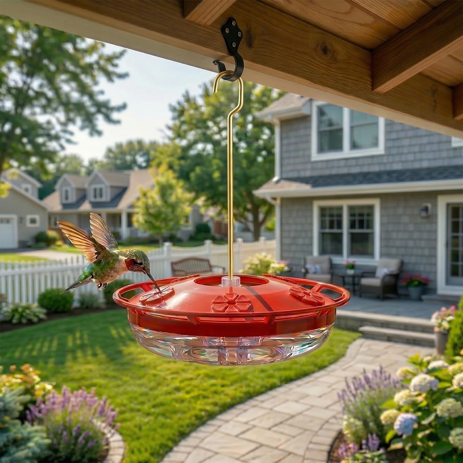 eWonLife 2-pack outdoor hummingbird feeders with 16oz capacity, leak-proof saucer, 5 feeding ports, ant moat, and cleaning brush