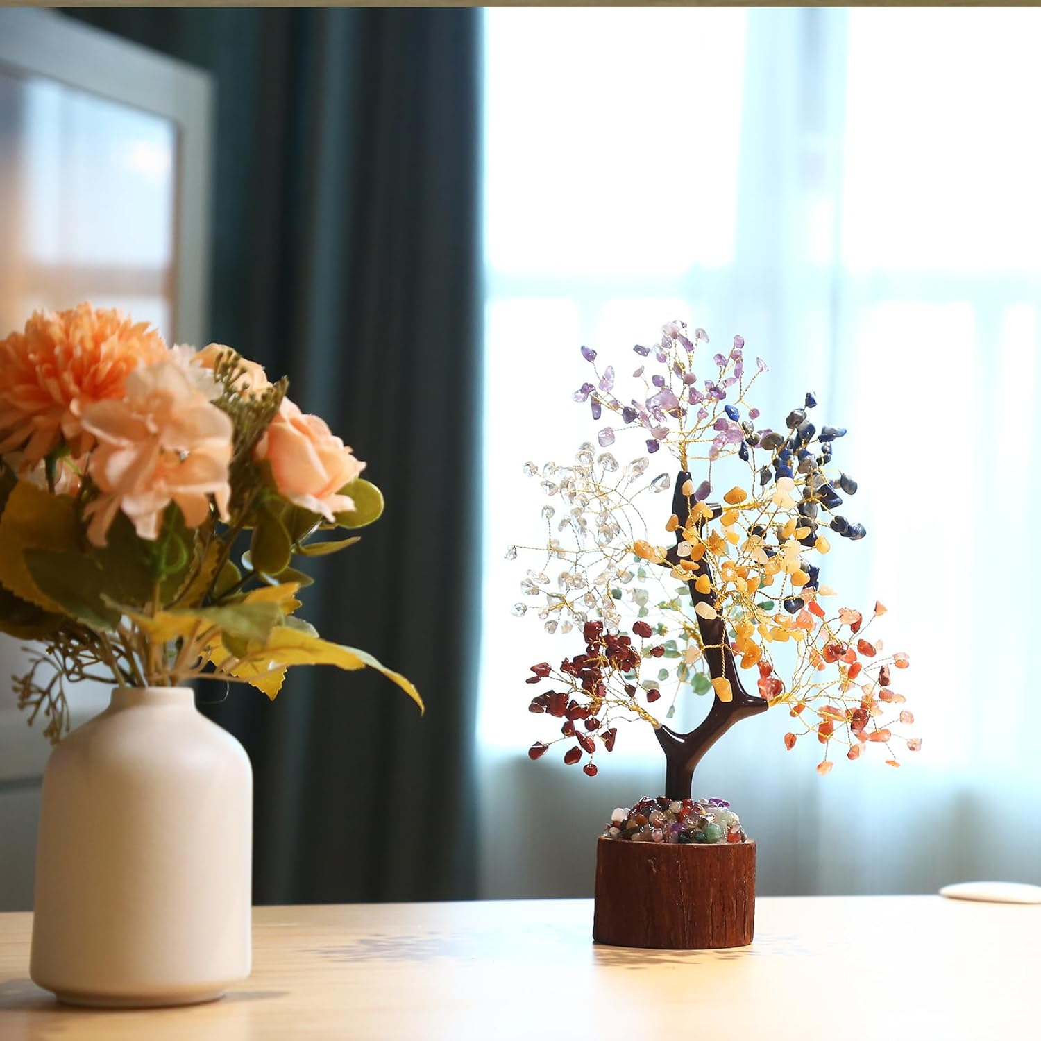 Crystal Tree of Life decor with colorful chakra stones and healing crystals, ideal for desk or home decoration.