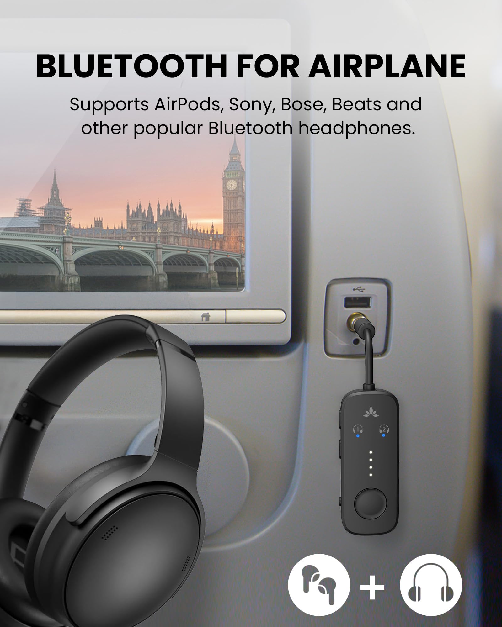 Avantree Relay - Airplane Bluetooth Adapter for 2 AirPods or Headphone - View 3