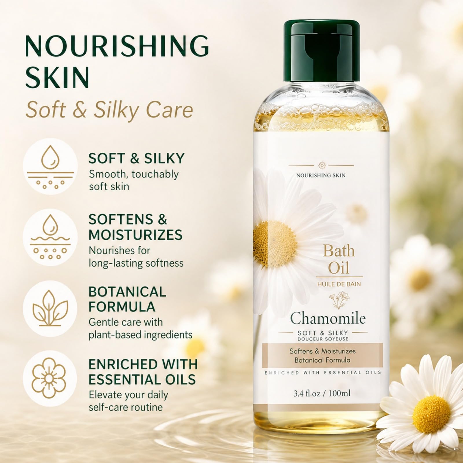 SANZHUAN chamomile bath oil in a 3.4 fl oz bottle, moisturizing body oil for dry skin, lightweight and nourishing spa bath additive