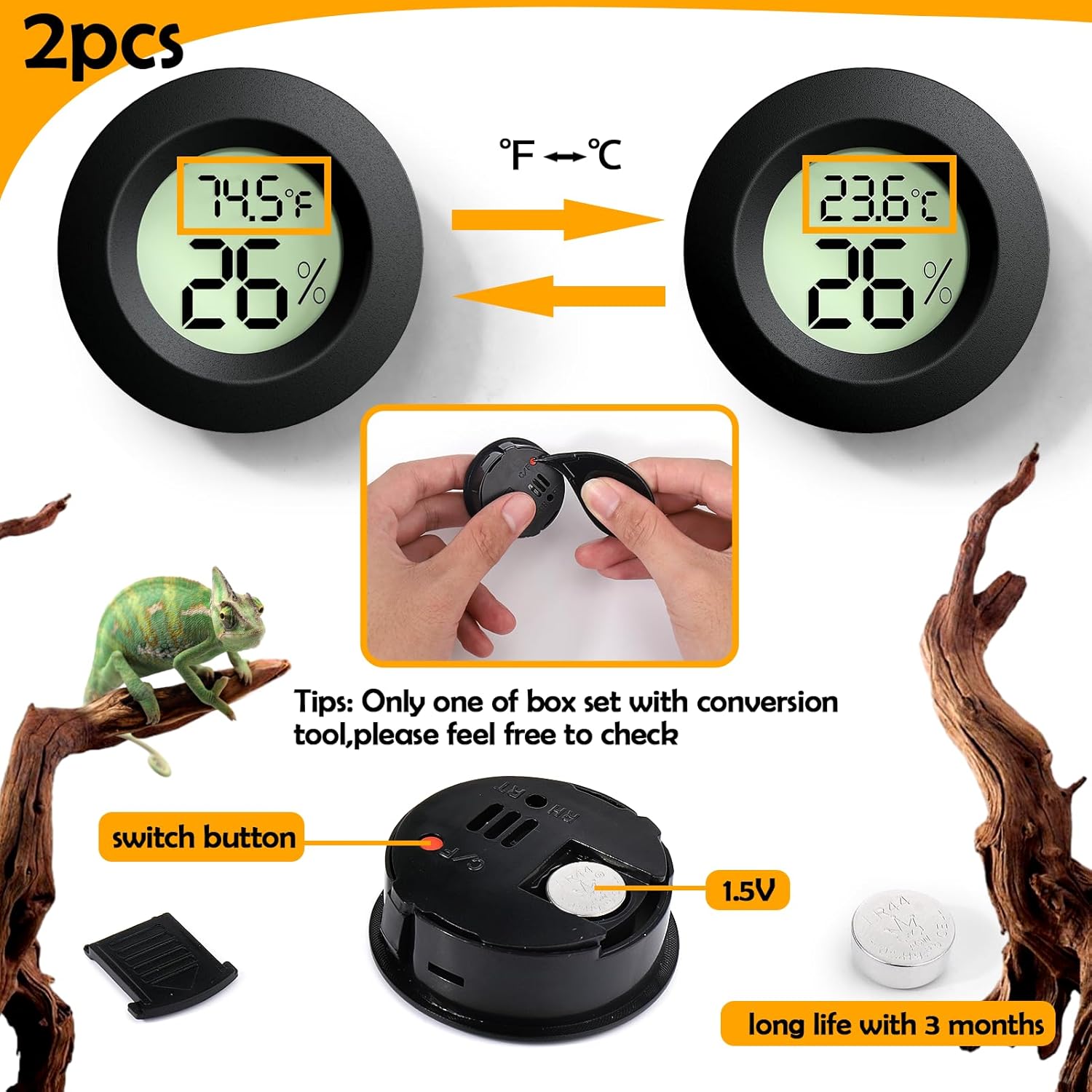 Set of two BSRESIN reptile tank accessories including thermometer and humidity gauge for accurate habitat monitoring.