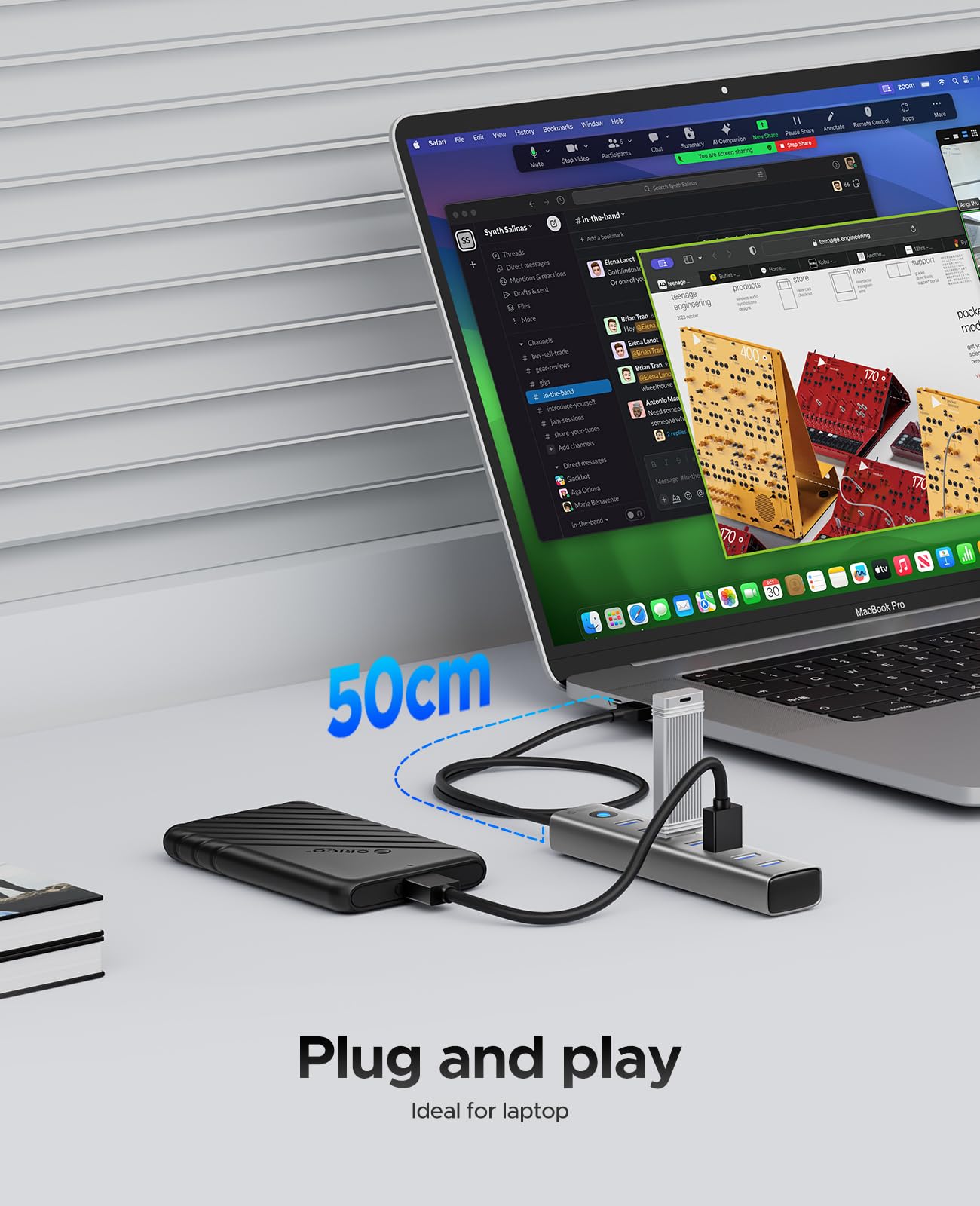 ORICO 7-port USB 3.0 hub with aluminum design, multiple ports, 5Gbps transfer, long cable for desktop PCs and mobile devices