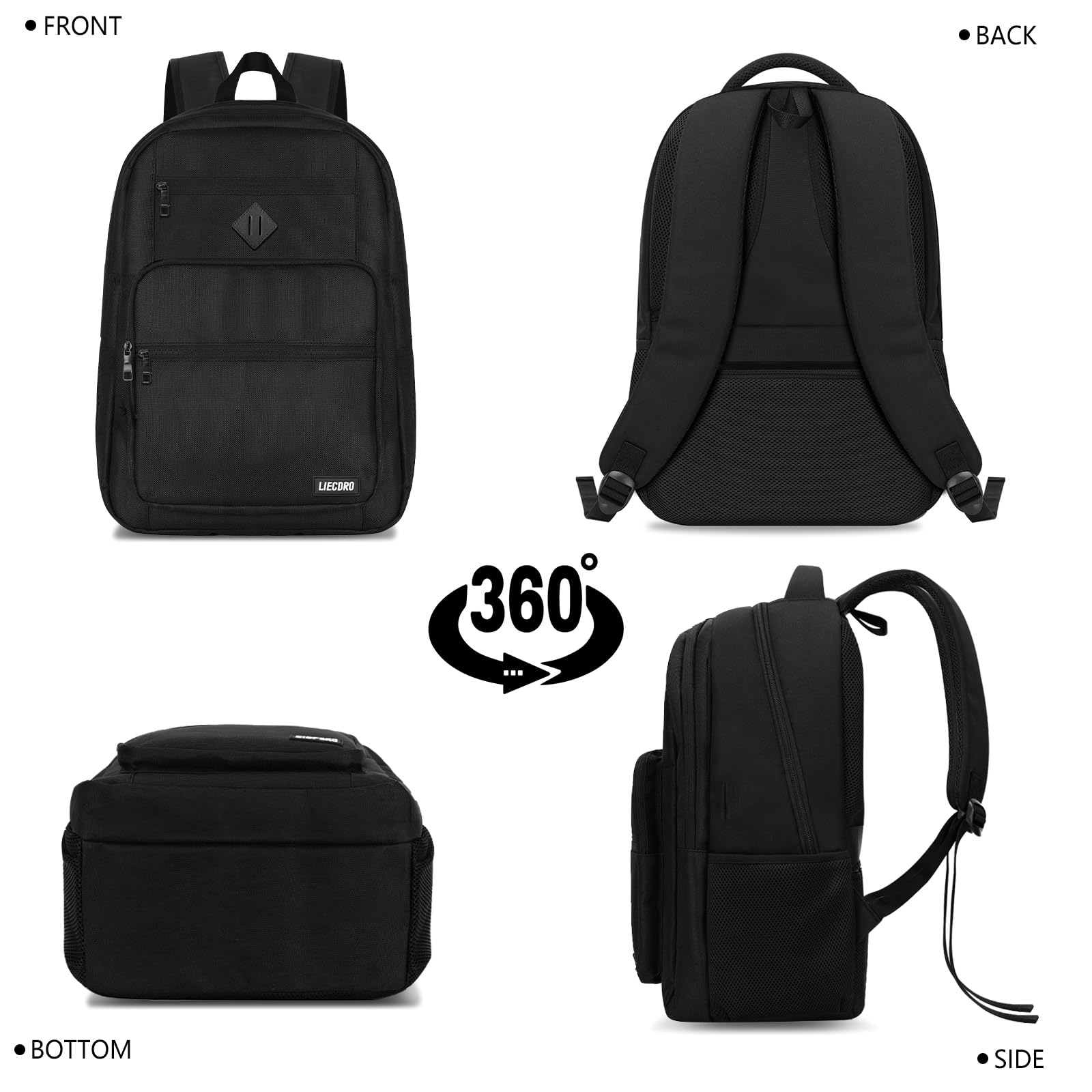 LIECDRO black backpack for men and teens, 15.6-inch laptop backpack with reinforced straps, suitable for school, work, and travel.