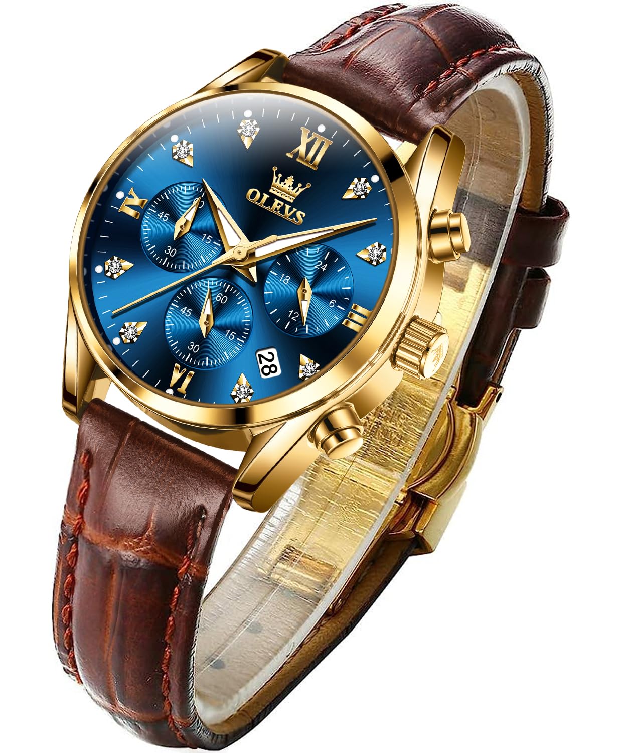 OLEVS Women's Watches Brown Leather Strap Analog Quartz Rose - Product Imagery