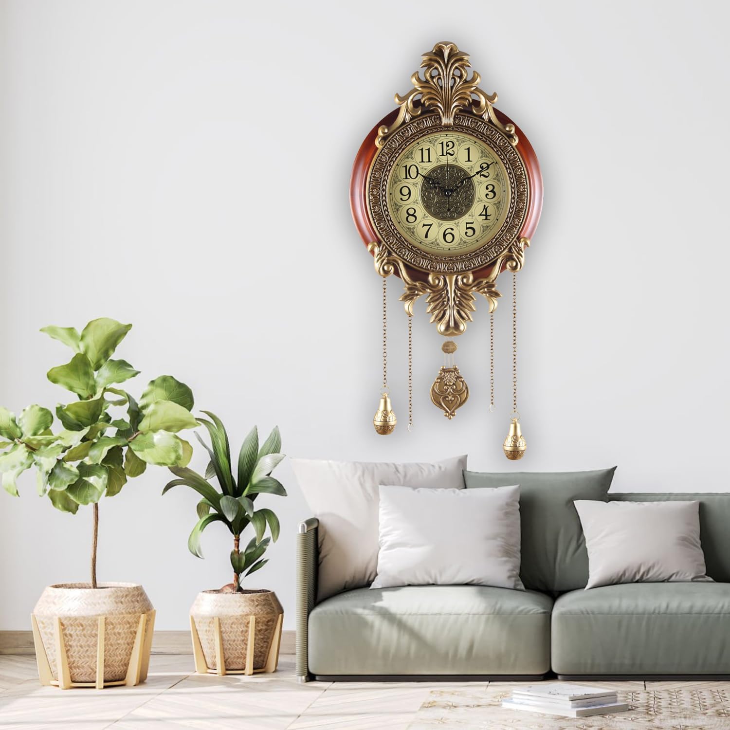 Aero Snail large wall clock with a real wood finish, pendulum, retro style design, and battery-powered operation.