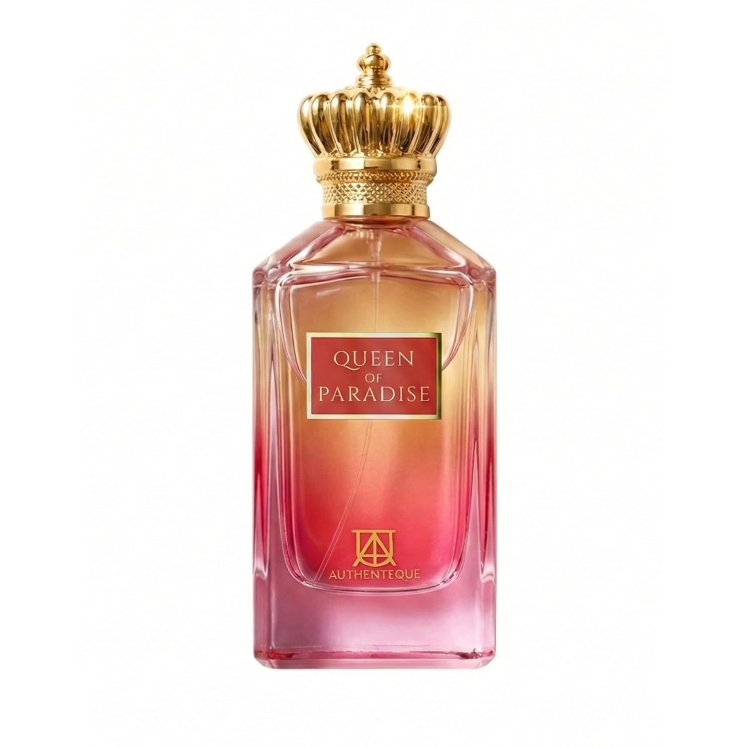 Authenteque Queen of Paradise long-lasting vanilla perfume for women, featuring elegant bottle and floral accents.