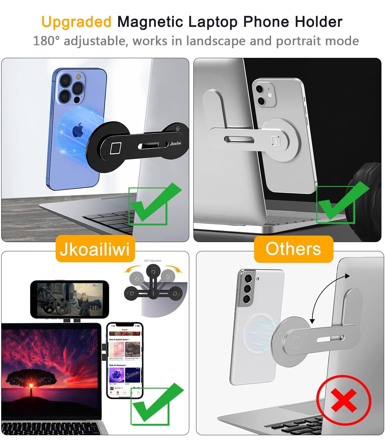 Jkoailiwi Magnetic Laptop Phone Holder Mount for Dual Screen, 180° Adjustable Edge Computer Phone Holder for Monitor's Top and Side, Extended Laptop Stand Accessories for iPhone 12-17 All Phones