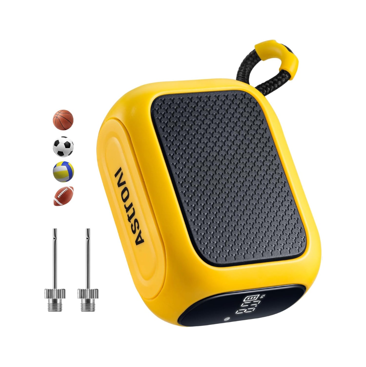 AstroAI portable electric ball pump with digital LCD display, compact design, and ultra-fast inflation for sports balls and inflatables.
