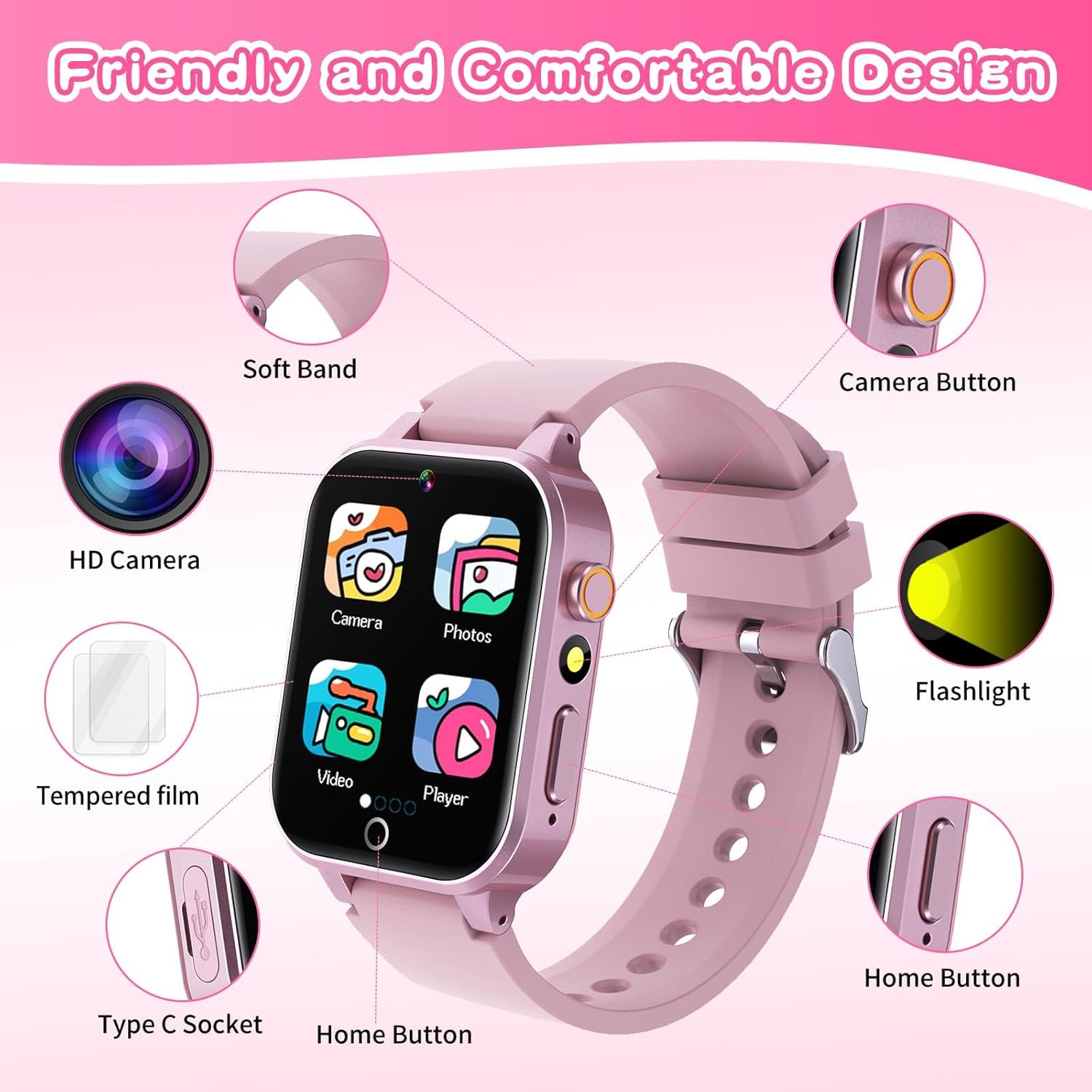Cosjoype Kids Smart Watch Gift for Girls Age 5-12, 39 Games HD Touch S - View 7