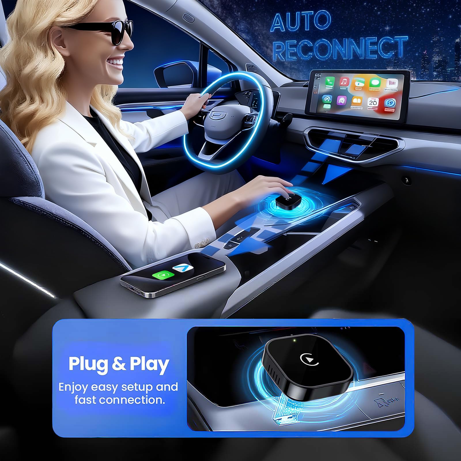 Yizro Wireless CarPlay Adapter for Apple iPhone & Android, 2-in-1 by Yizro - Angle View 3