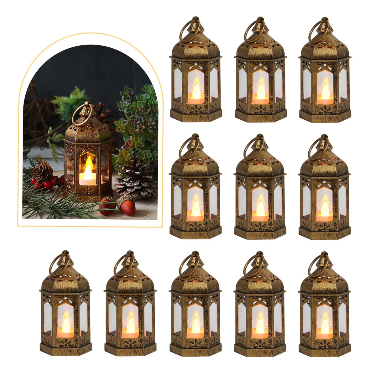 8Pcs Mini Lantern with LED Tealight Vintage Brown Lanterns - LLQ Official Imagery - 1