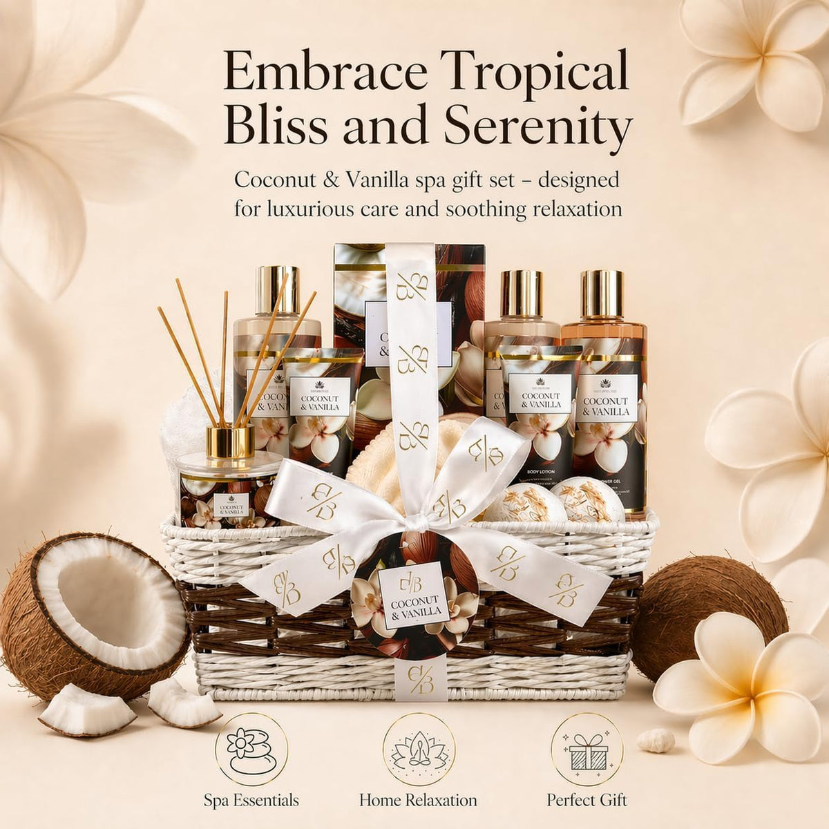 Spa Gift Basket for Women Coconut Vanilla 12 Piece Bath Gift - Jane & Bloom Official Imagery - 4