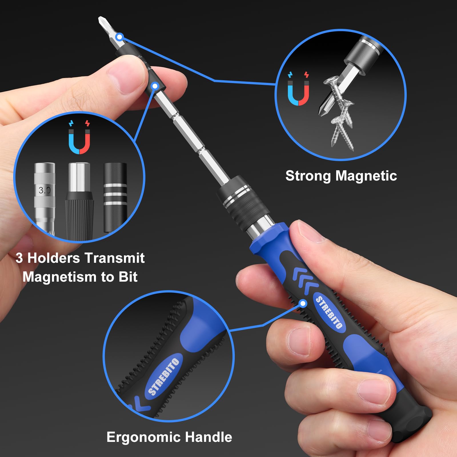 STREBITO 142-piece electronics precision screwdriver set with 120 bits, featuring organized bit storage and ergonomic handle.