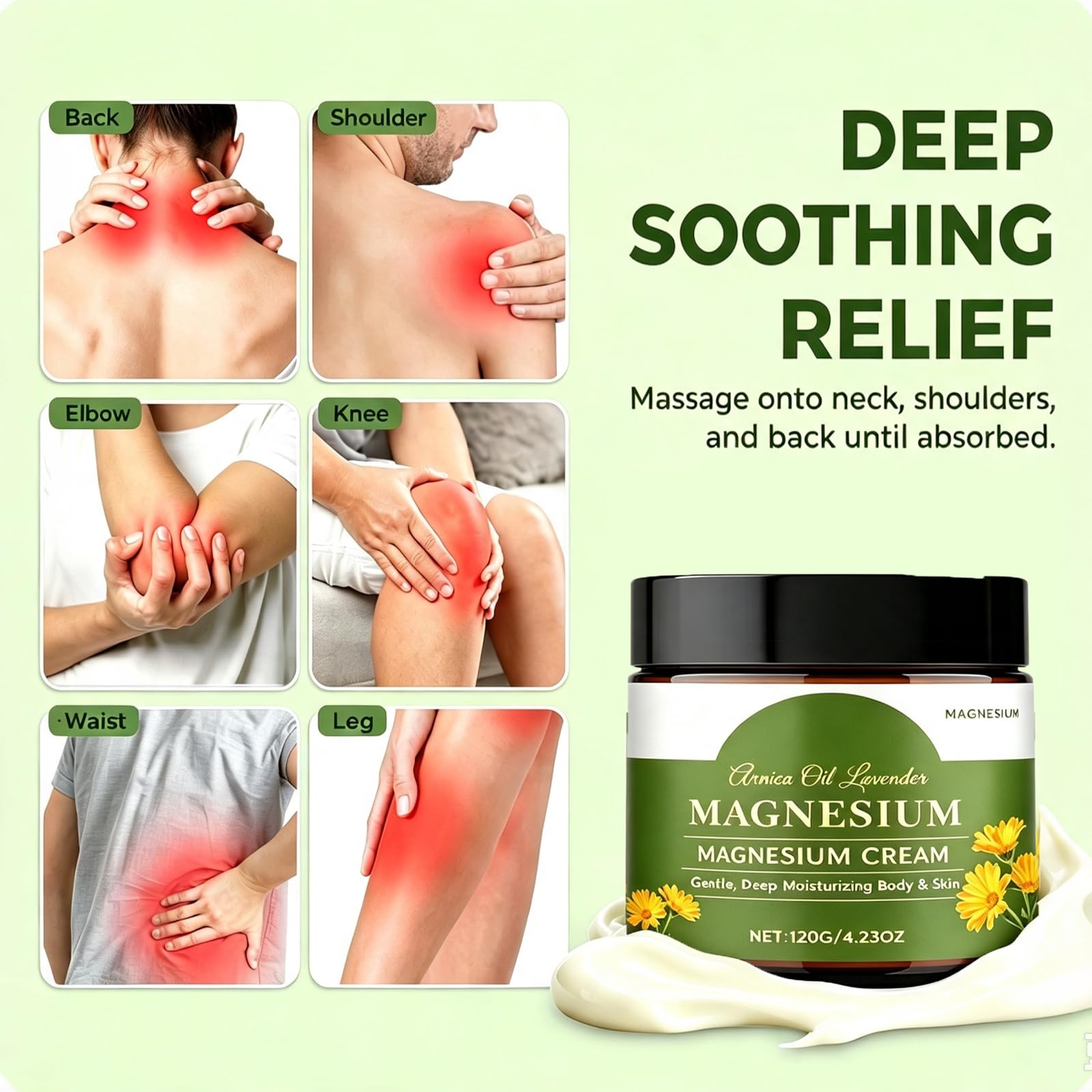 CleJoy Magnesium Cream moisturizer with MSM and arnica, 4.23oz, showing the cream jar and natural ingredient imagery.