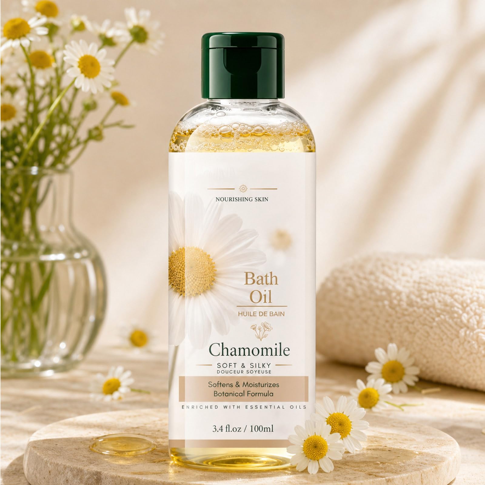 Chamomile Bath Oil, Natural Soothing Moisturizing Body Bath Oil, Relaxing Aromatherapy Oil for Dry Sensitive Skin, Daily Self-Care Spa Essential Oil for Men Women 3.4Fl.Oz