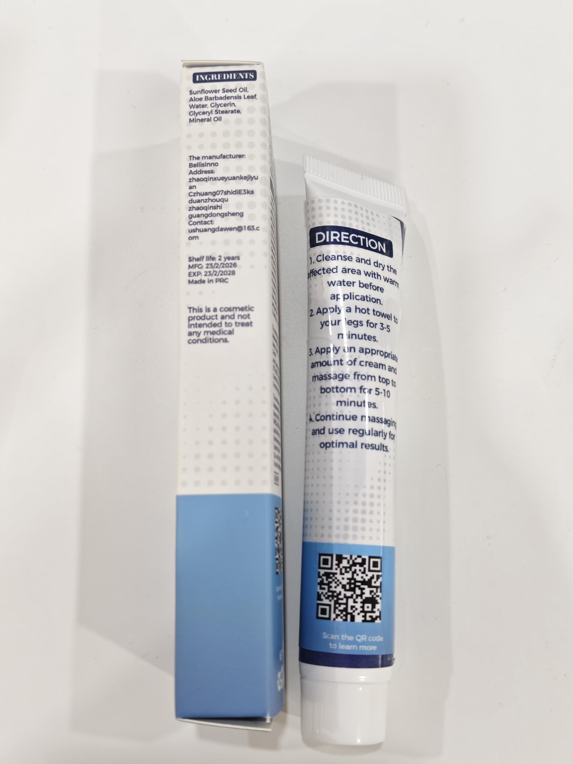 Bellisinno varicose veins and spider veins cream in a tube, designed as a skin moisturizer for legs with visible veins.