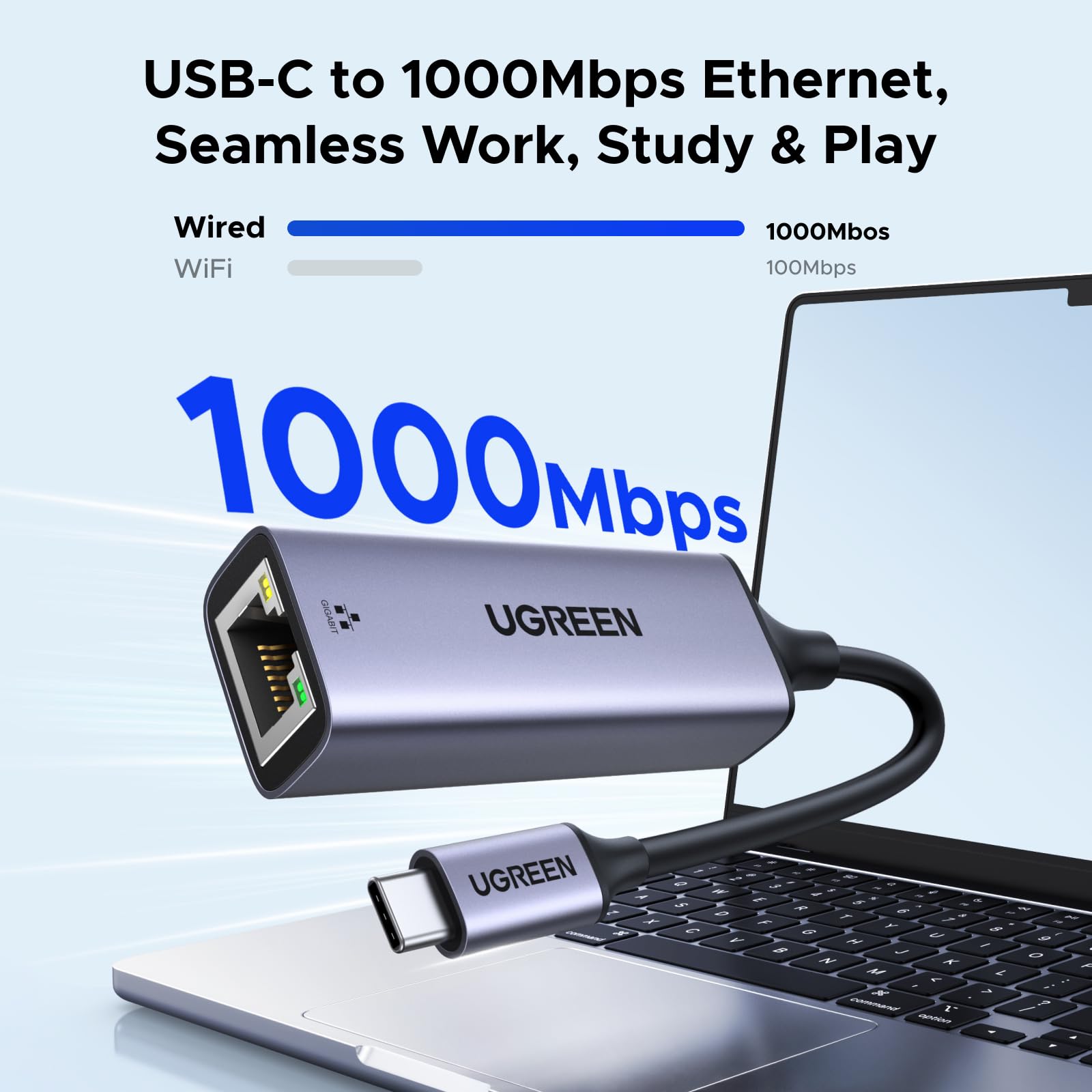 UGREEN USB-C to Ethernet adapter with aluminum design, plug and play 1Gbps network interface controller for fast wired internet connection