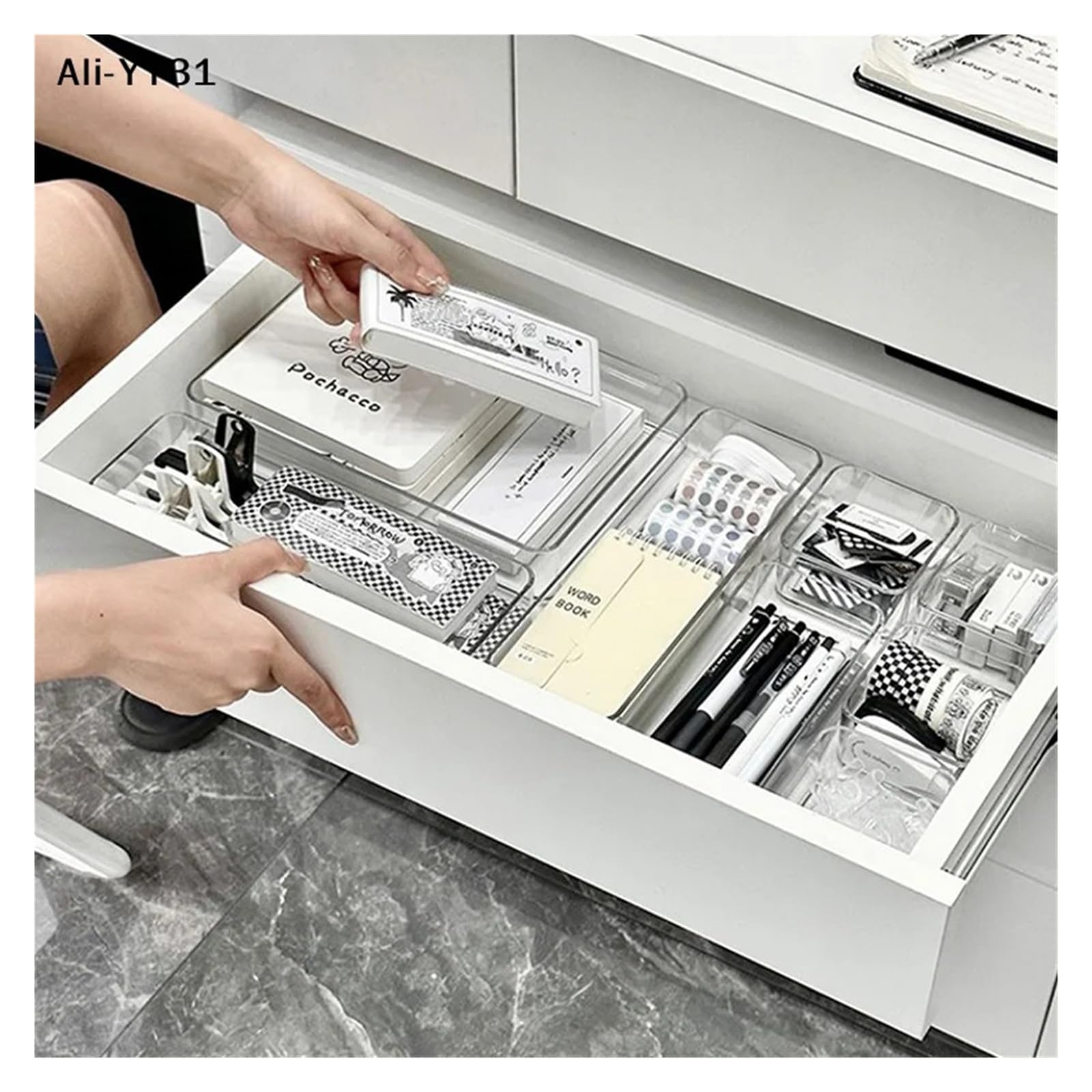 Stackable acrylic drawer organizer caddy with adjustable dividers for cosmetics and makeup storage, modular design for easy organization.