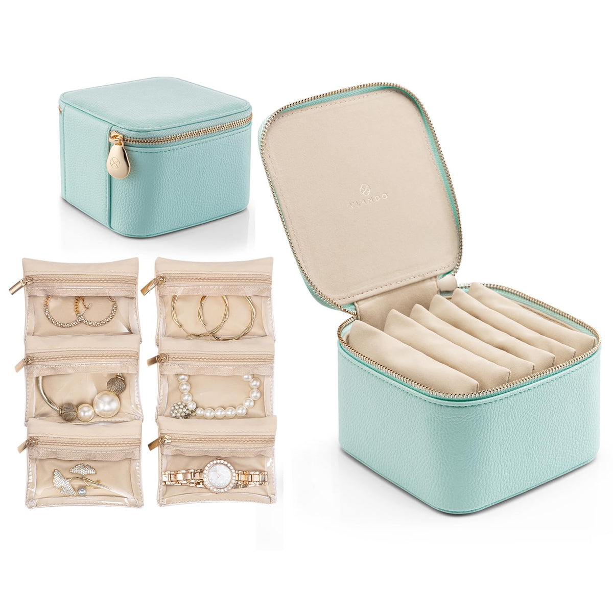 VLANDO Travel Jewelry Box Organizer with 6 Zippered Pouches - VLANDO Official Imagery - 1
