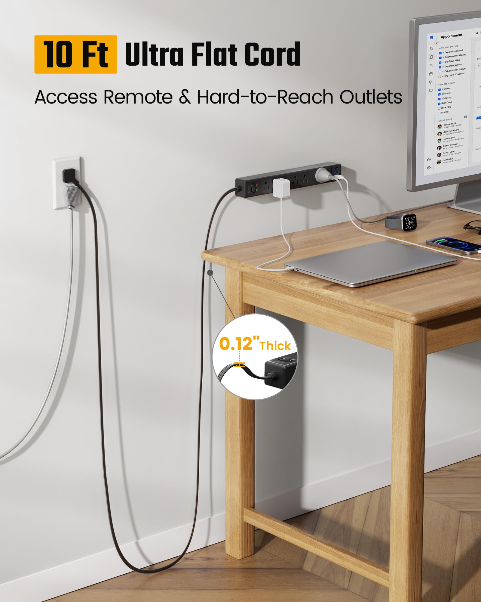 10Ft Long Extension Cord, SUPERDANNY Flat Plug Surge Protector Power Strip