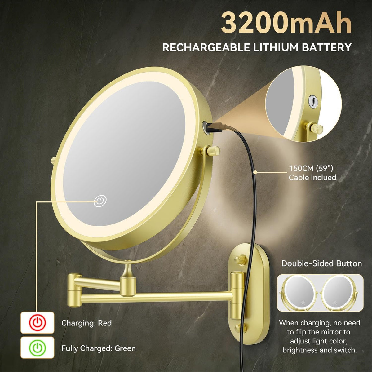 Auxmir 1X 20X Wall Mounted Makeup Mirror 8 Rechargeable - Auxmir Official Imagery - 5