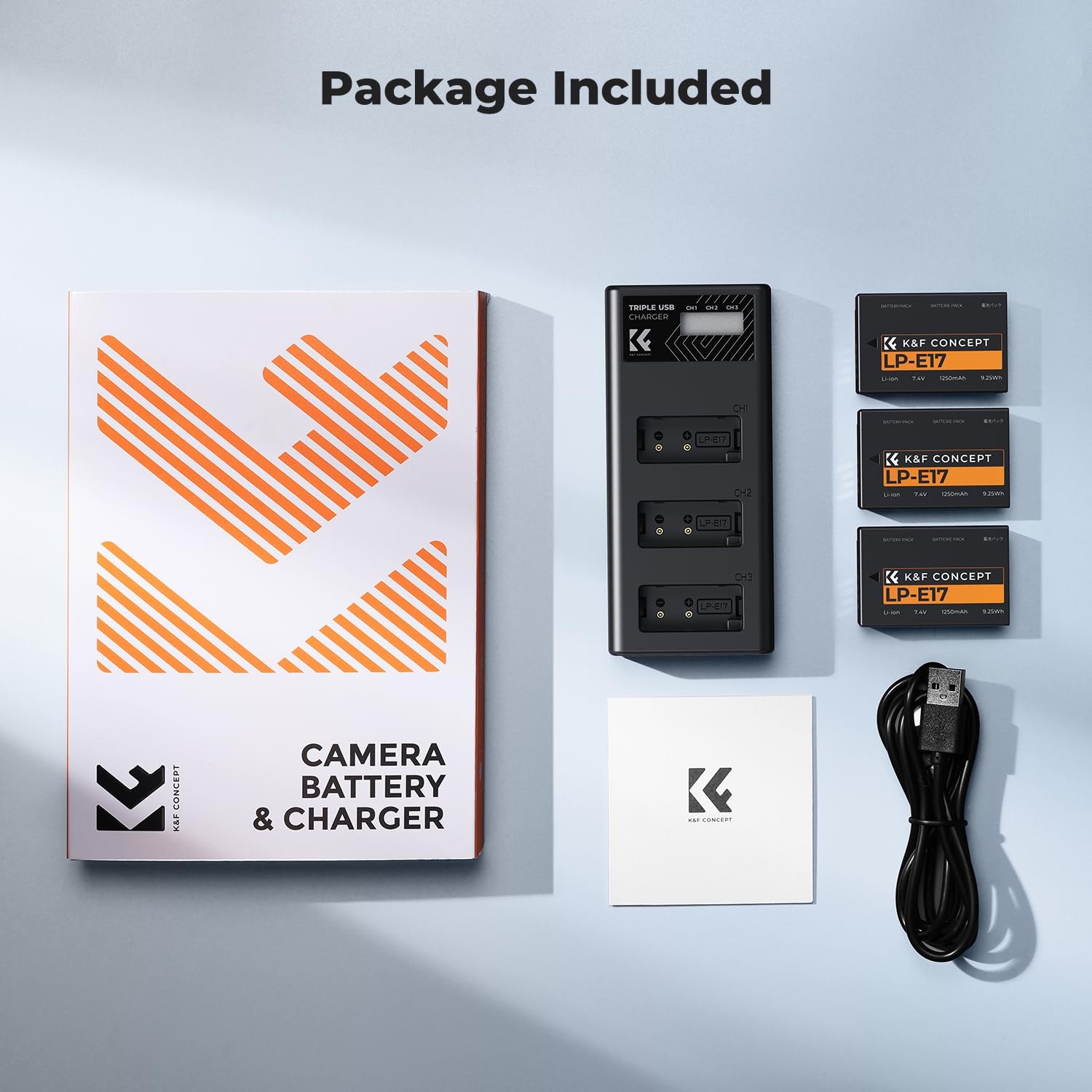 K&F CONCEPT LP-E17 camera battery 3-pack with 3-slot LCD charger for compatible DSLR or mirrorless cameras.