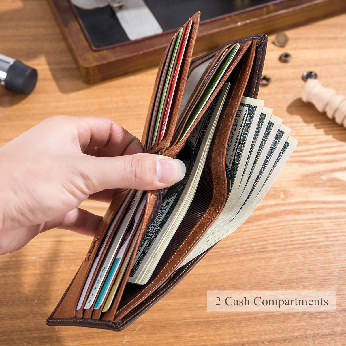BULLCAPTAIN RFID Wallet Men Genuine Leather 11 Card Slots Brown