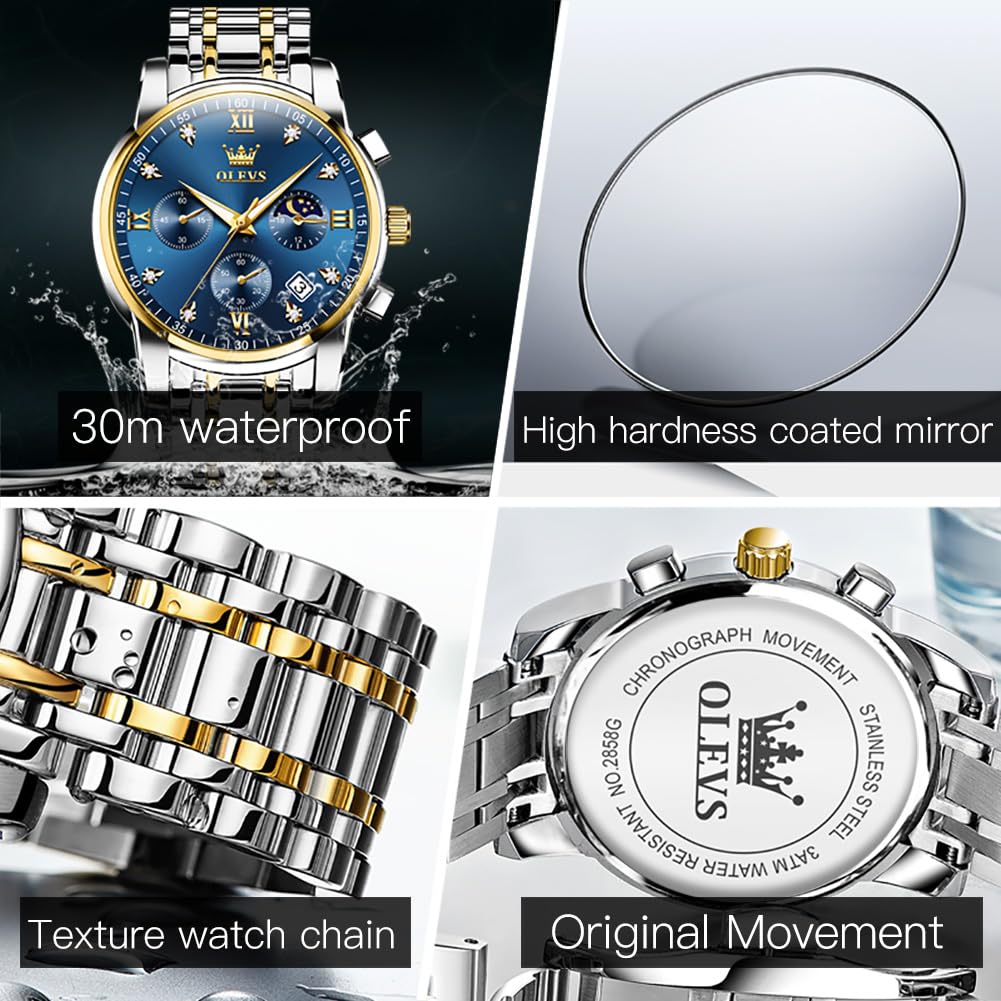 OLEVS Men's Luxury Dress Watch Blue Gold Silver Waterproof