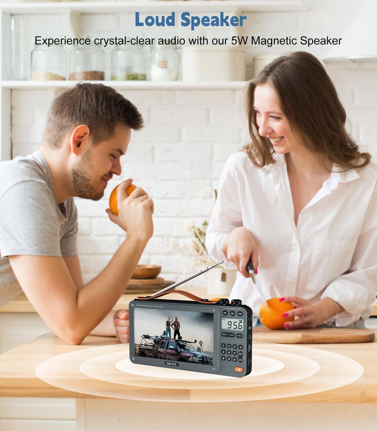ONGTEED 720P 7-inch screen AM FM radio with Bluetooth speaker and rechargeable battery, displaying a modern portable entertainment device.