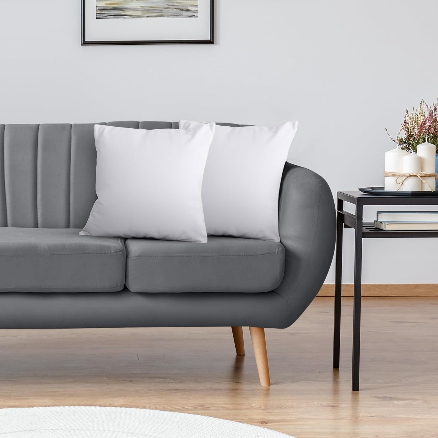Set of two white Utopia Bedding 18x18 pillow inserts for indoor decorative pillows on a sofa or bed.
