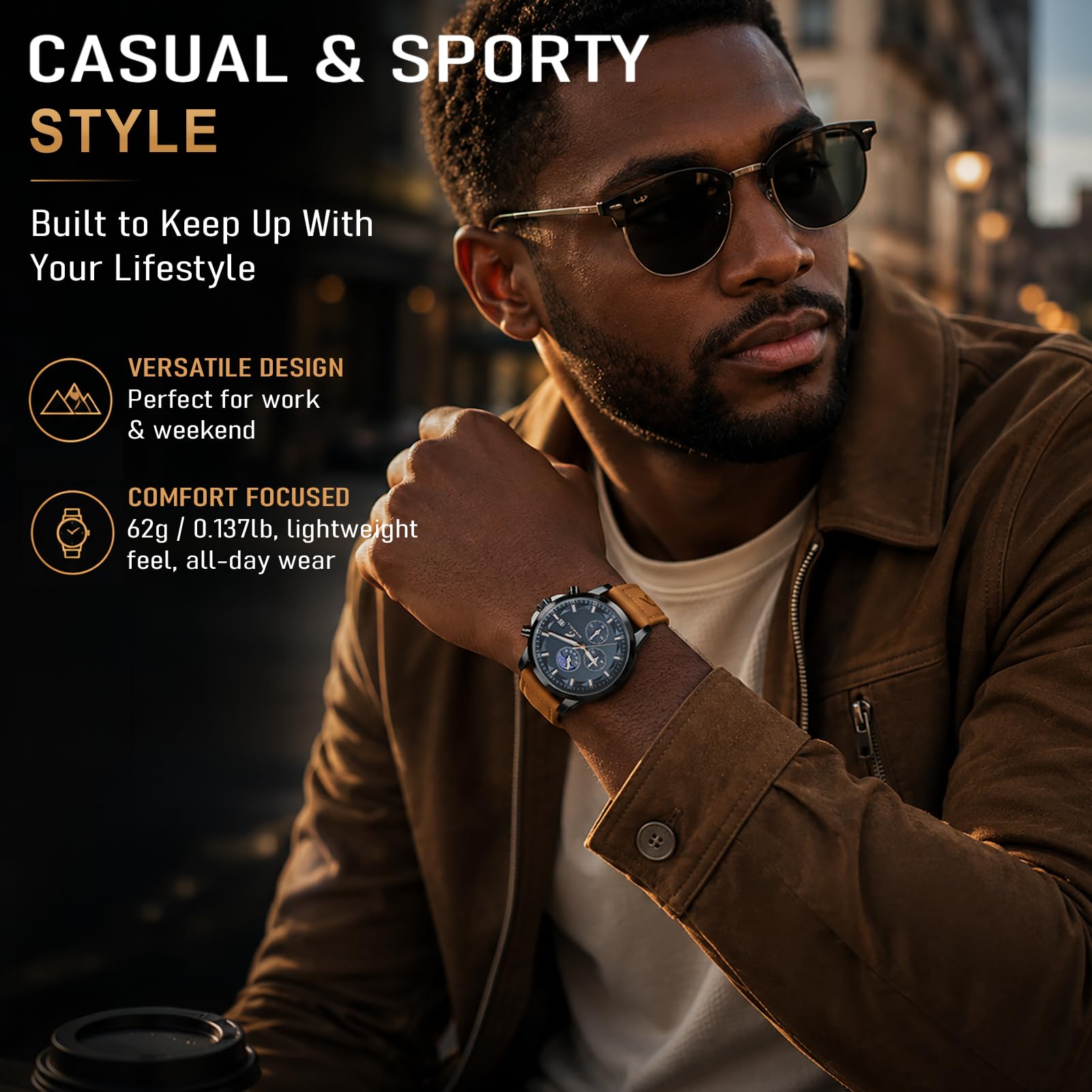GISWOLL Men's Chronograph Watch Day-Night Subdial Leather