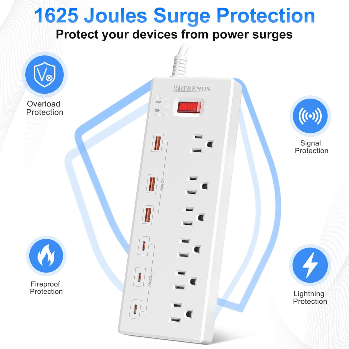 Power Strip with USB C Ports HITRENDS Surge Protector with 6 - HITRENDS Official Imagery - 6