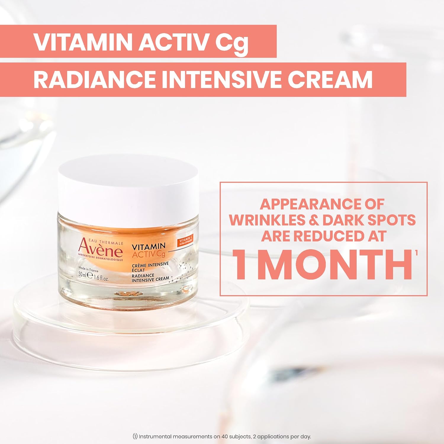Avène Vitamin Activ Cg Radiance Intensive Cream jar with bright orange and white packaging, showcasing the skincare product.