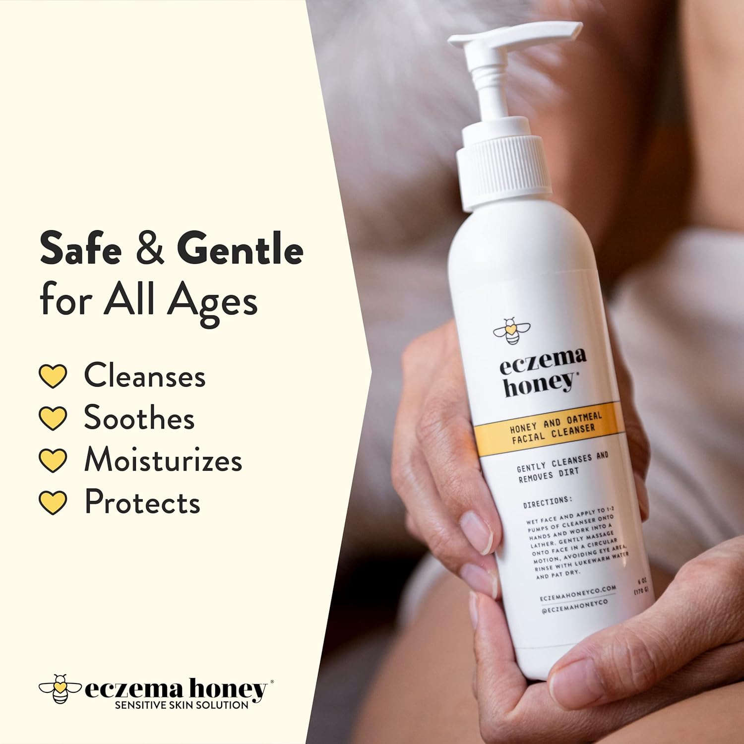 Eczema Honey oatmeal facial cleanser in a pump bottle, natural eczema face wash for sensitive, irritated skin.