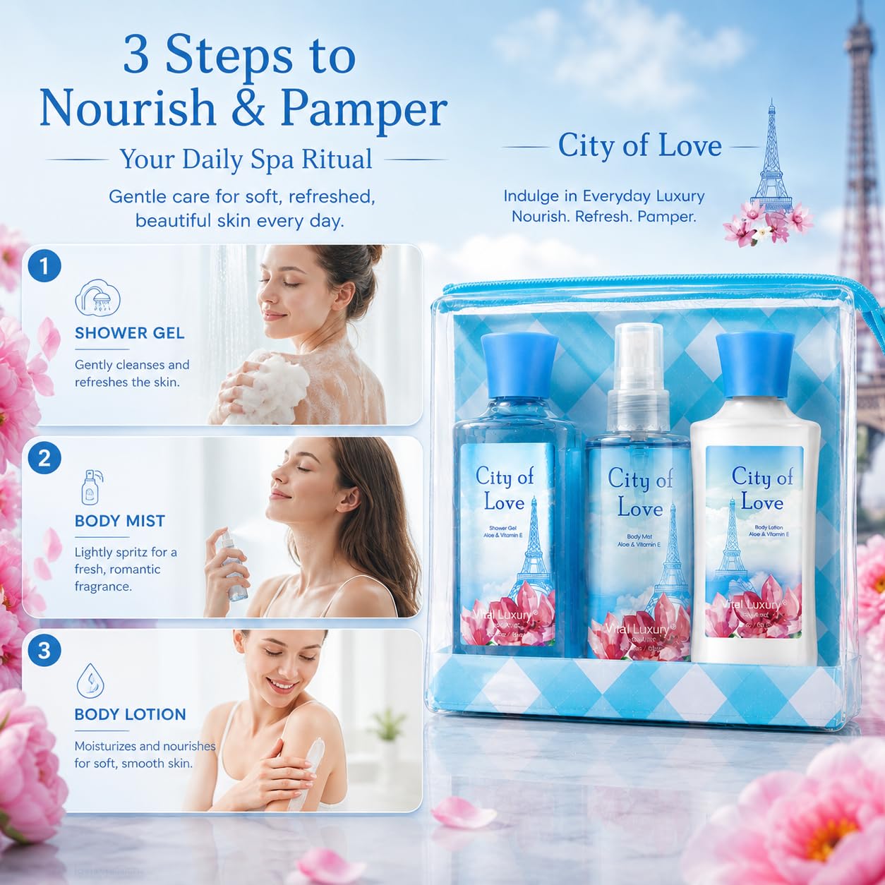 Bath Body Care Travel Set City of Love Scent 3 Piece Set - Vital Luxury Official Imagery - 4
