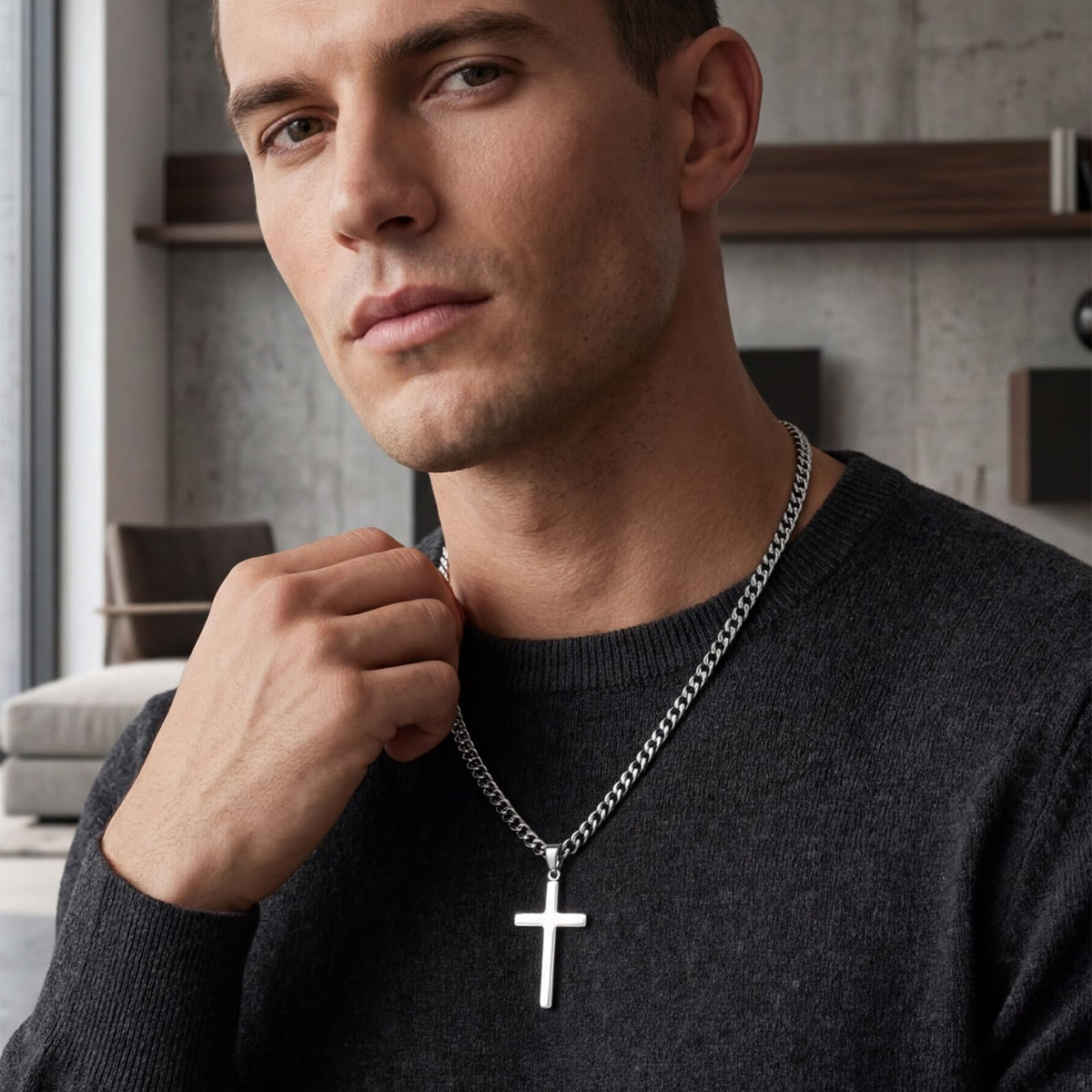 925 Sterling Silver Cross Necklace for Men 18K Gold Plated - Kinimore Official Imagery - 5