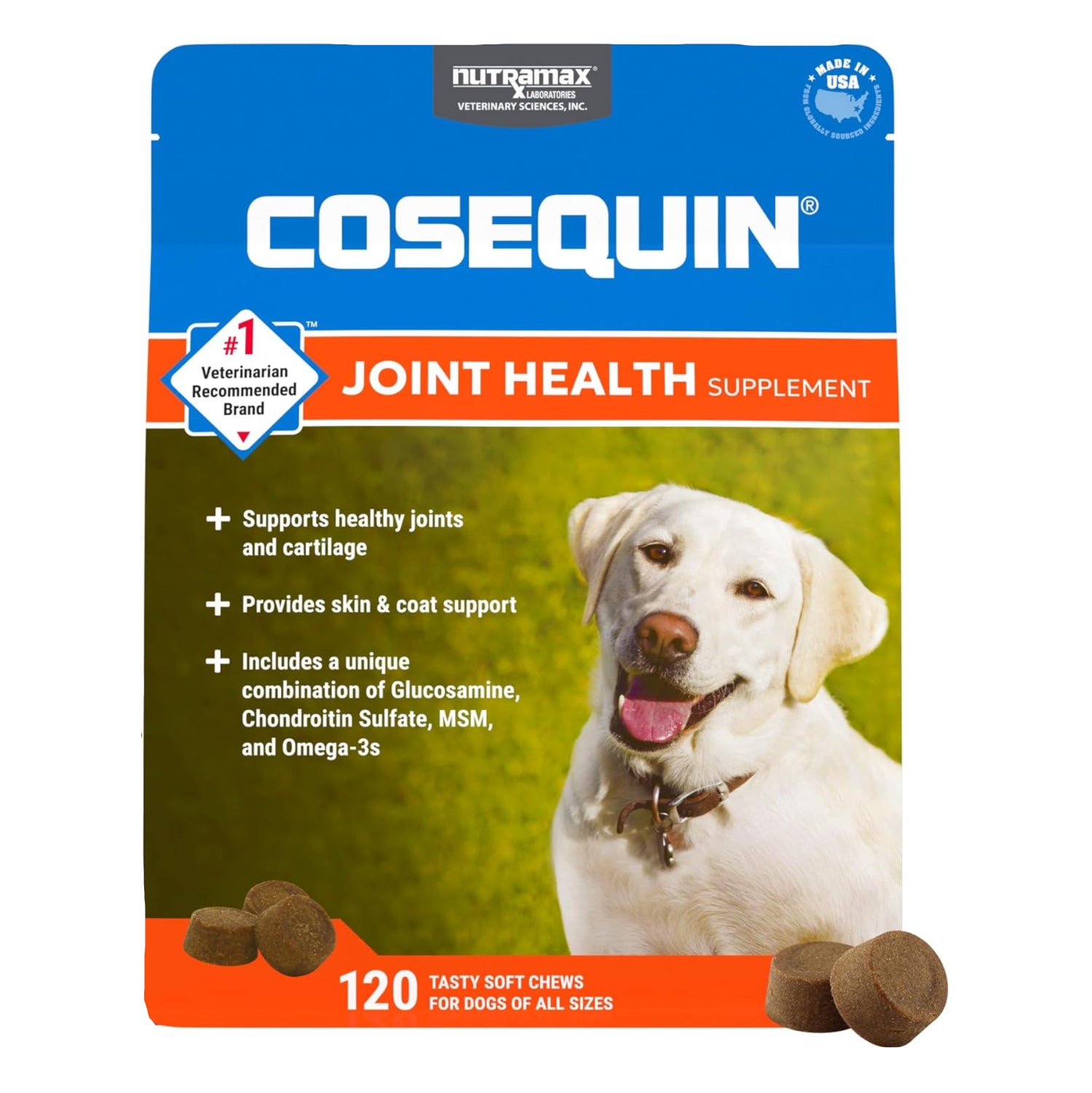 Nutramax Cosequin joint health supplement for dogs in bottle, containing glucosamine and chondroitin for joint support